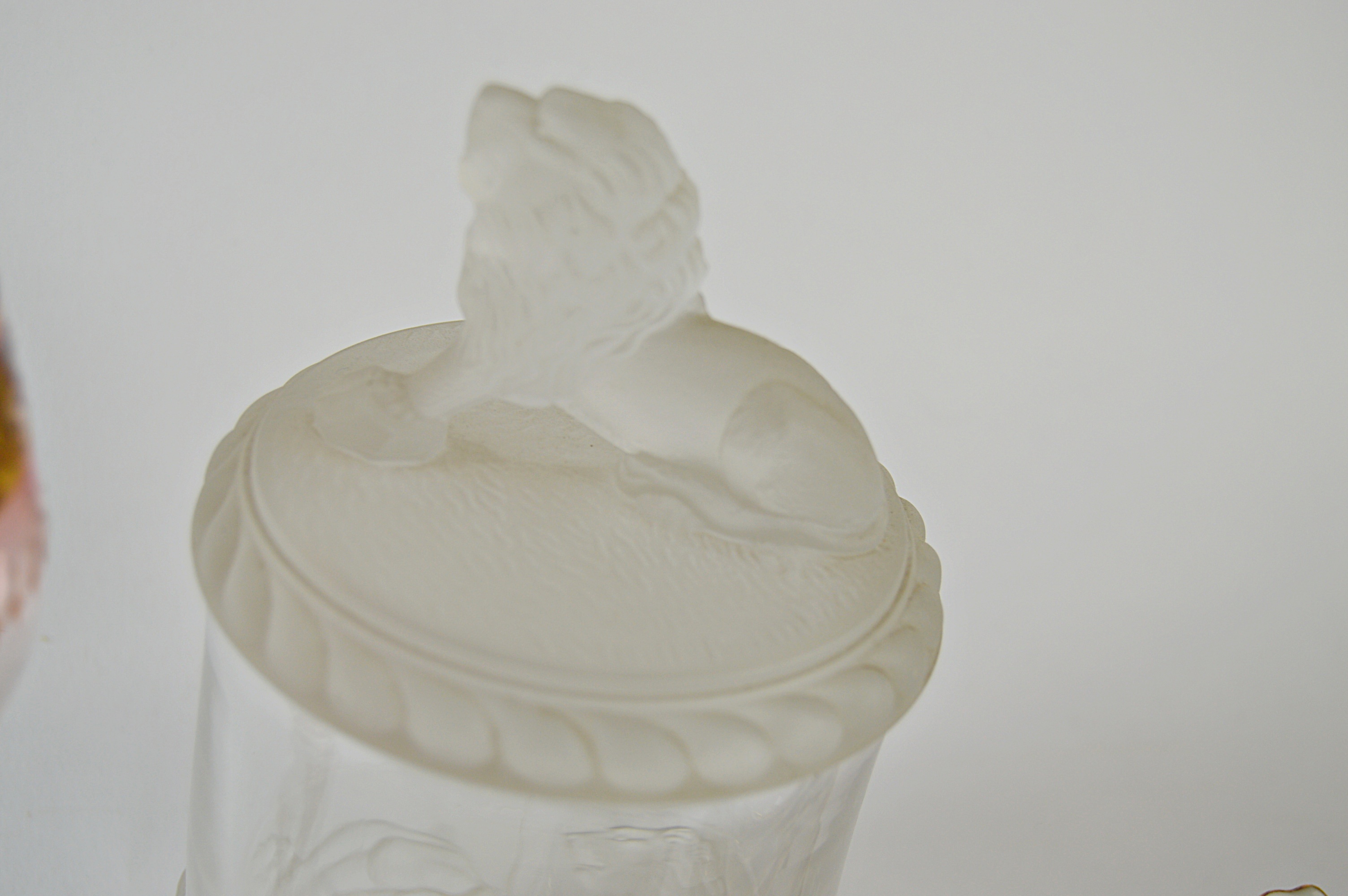 Antique Glassware and China with Gillinder Jar with Lion, Moser Bohemian Goblet