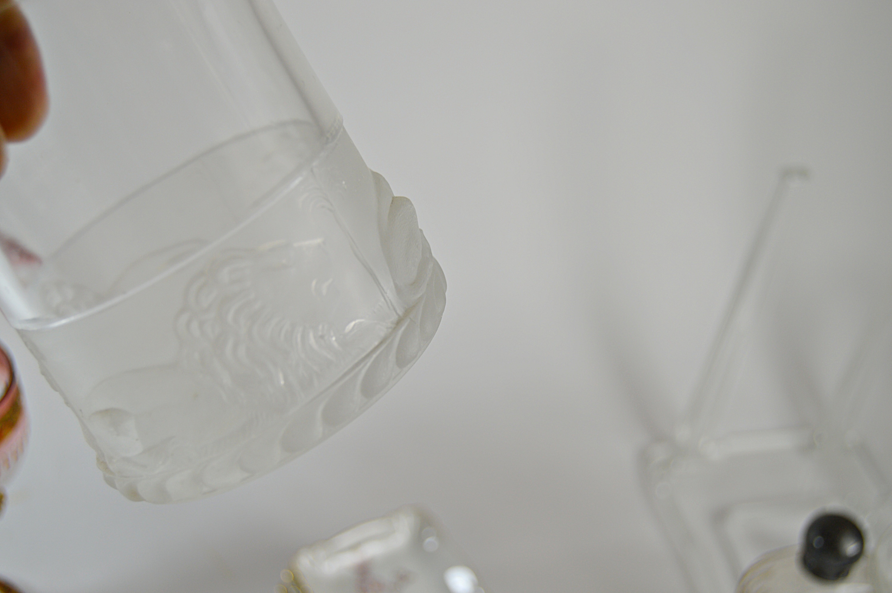 Antique Glassware and China with Gillinder Jar with Lion, Moser Bohemian Goblet