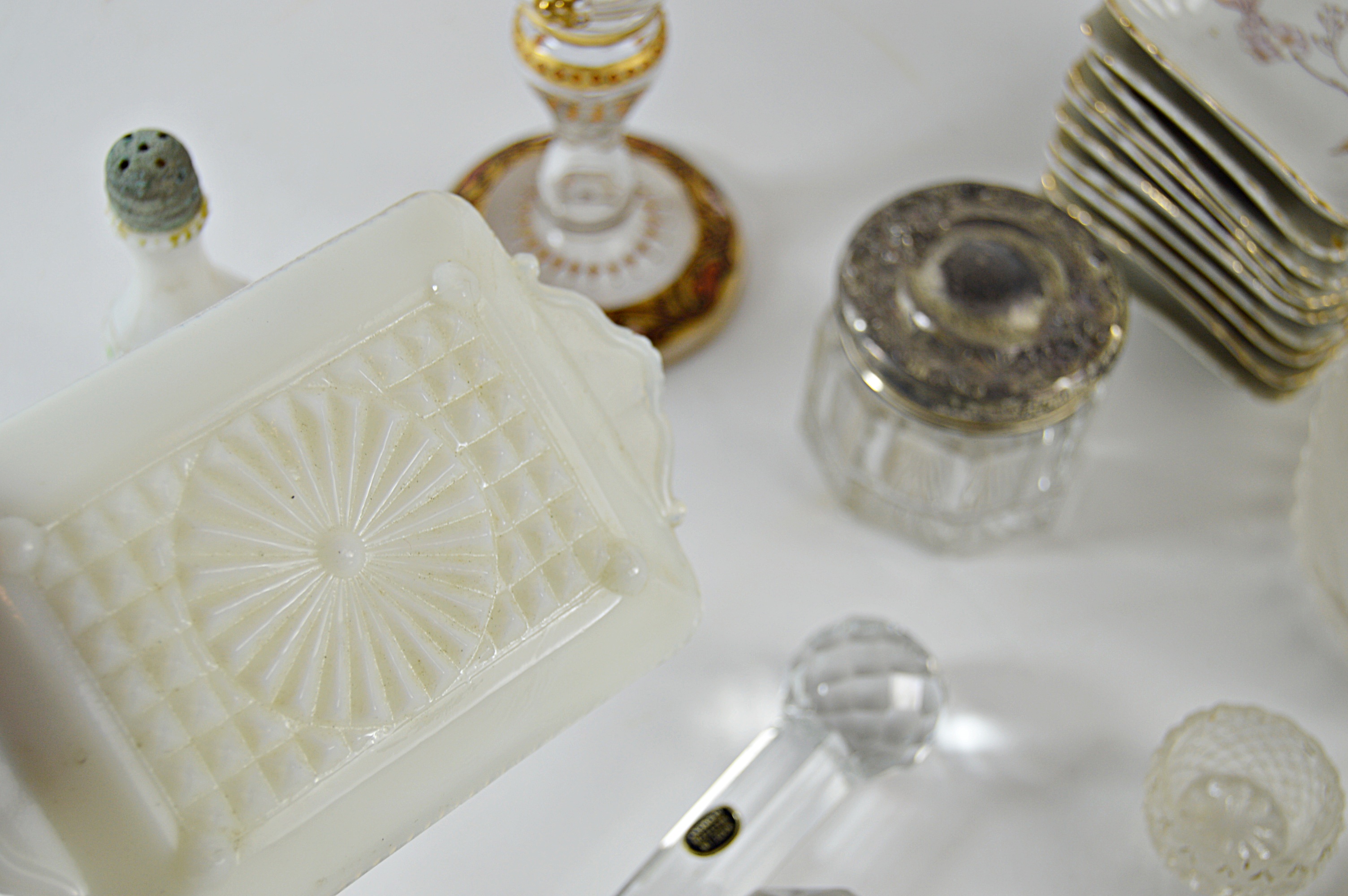 Antique Glassware and China with Gillinder Jar with Lion, Moser Bohemian Goblet