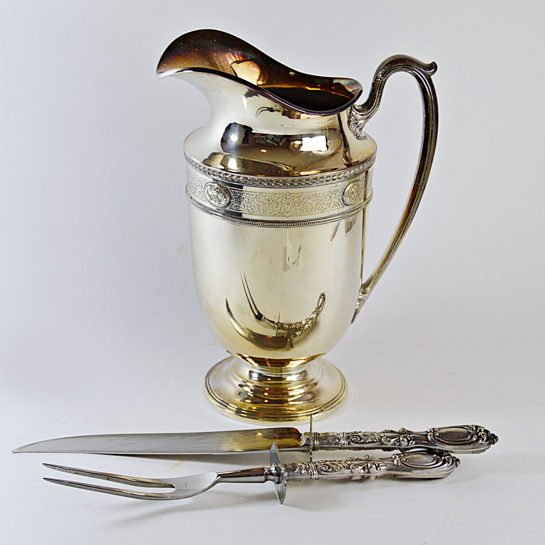 Meriden "Bordeaux" Silver Plate Water Pitcher,Wallace Sterling Carving Set