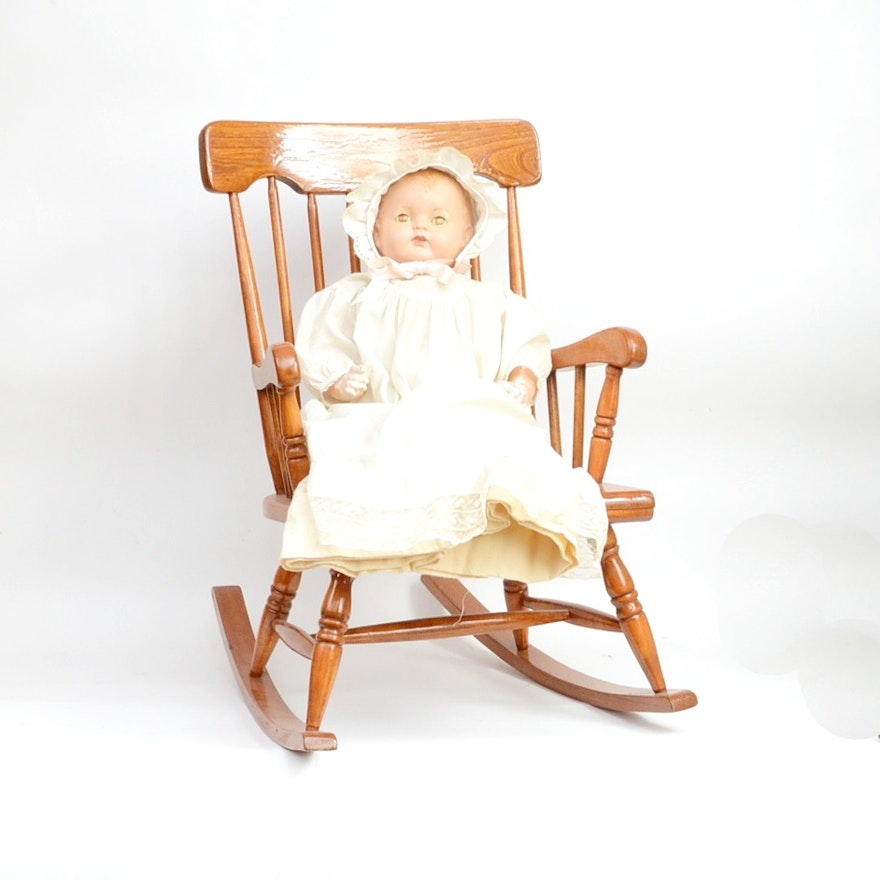 Child's Oak Rocking Chair and Antique Doll
