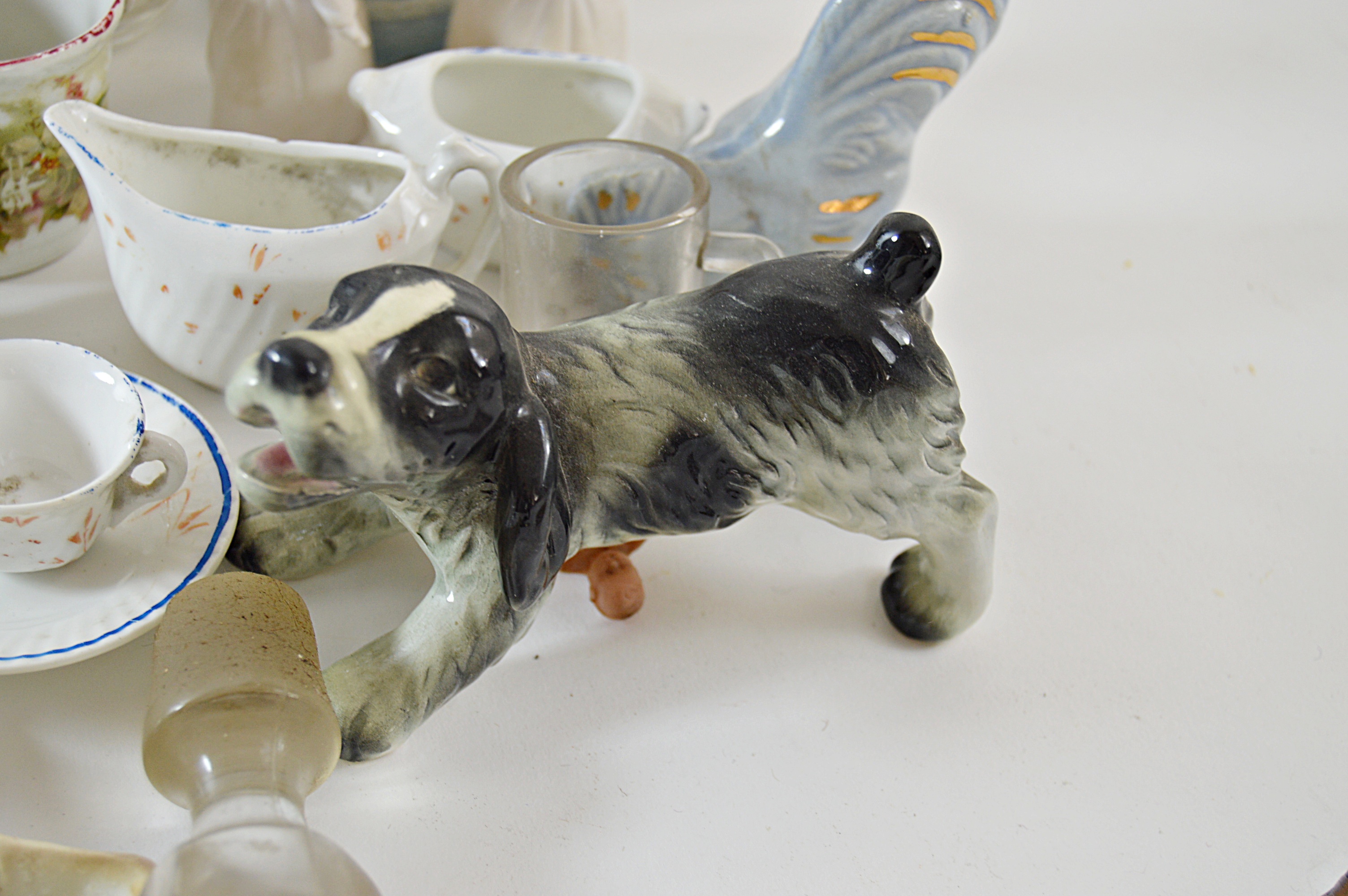 Antique and Vintage Miniatures with Child's Tea Set, Goebel Dog, Waterford Vase