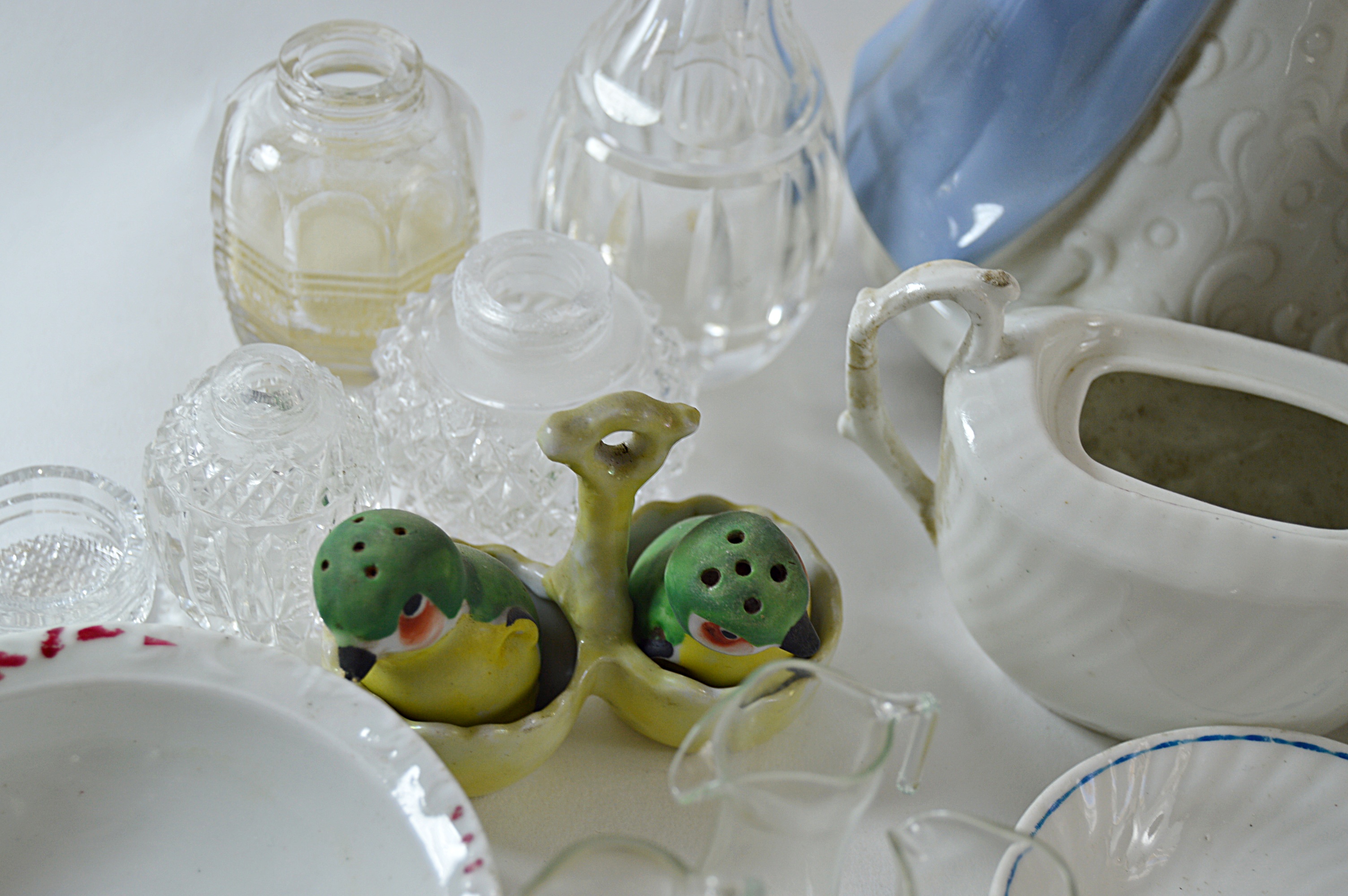 Antique and Vintage Miniatures with Child's Tea Set, Goebel Dog, Waterford Vase