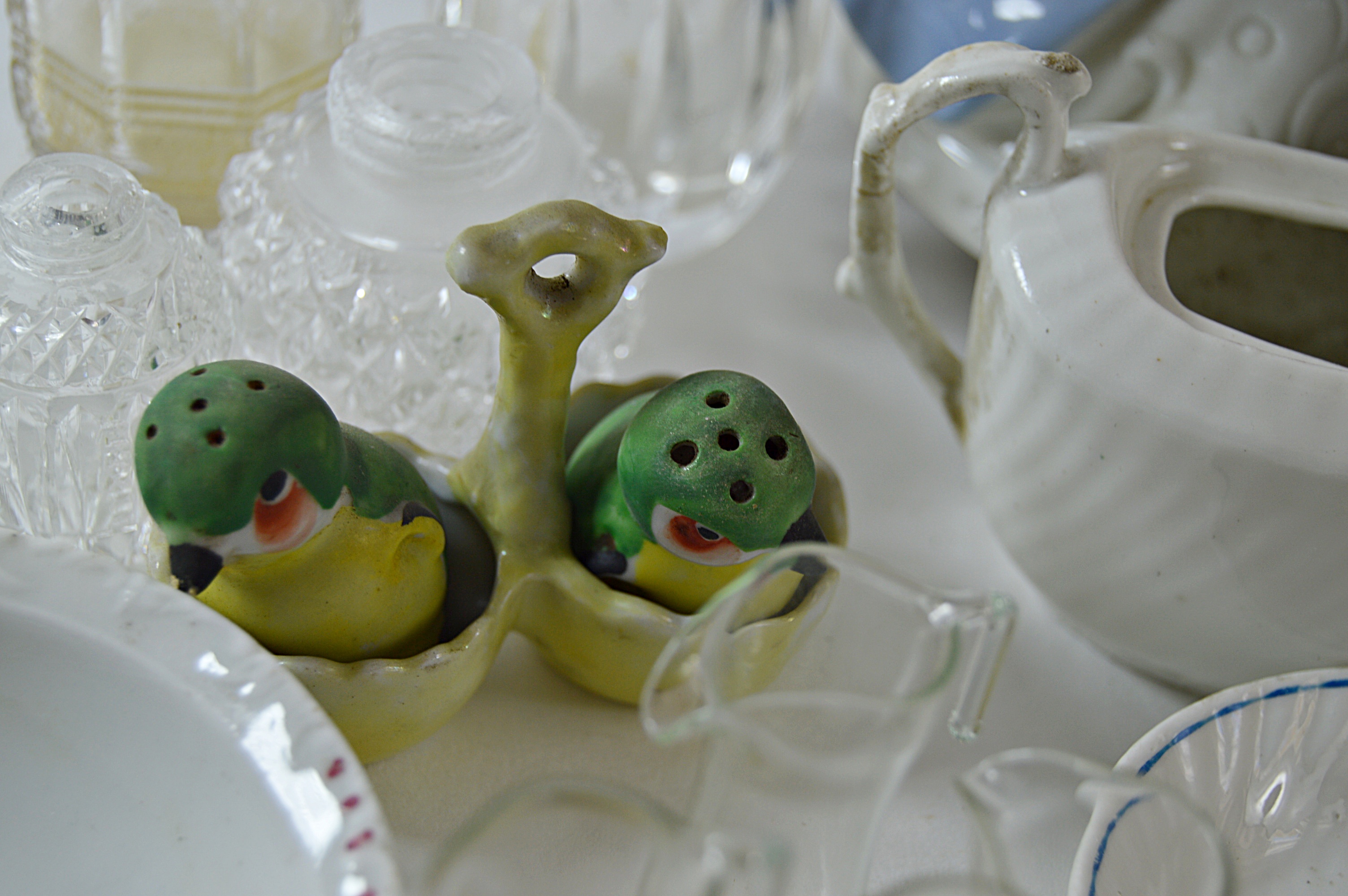 Antique and Vintage Miniatures with Child's Tea Set, Goebel Dog, Waterford Vase