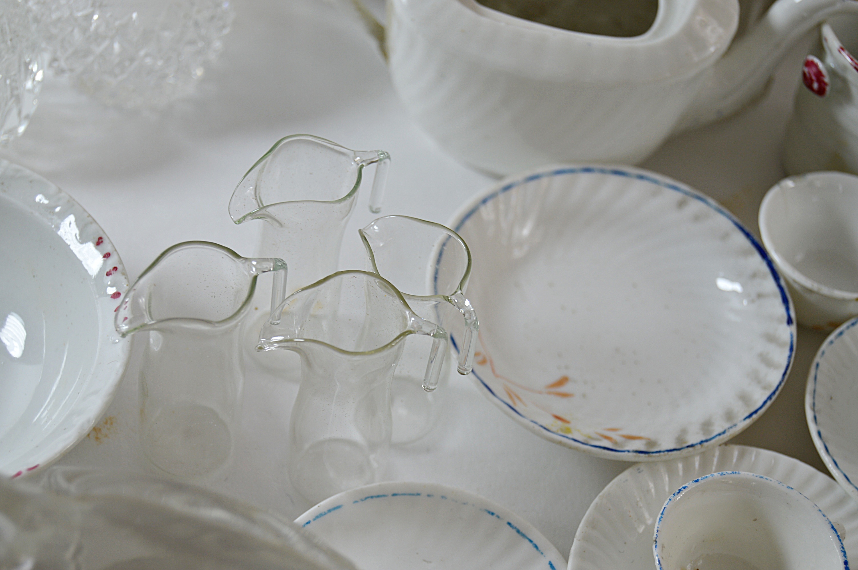 Antique and Vintage Miniatures with Child's Tea Set, Goebel Dog, Waterford Vase