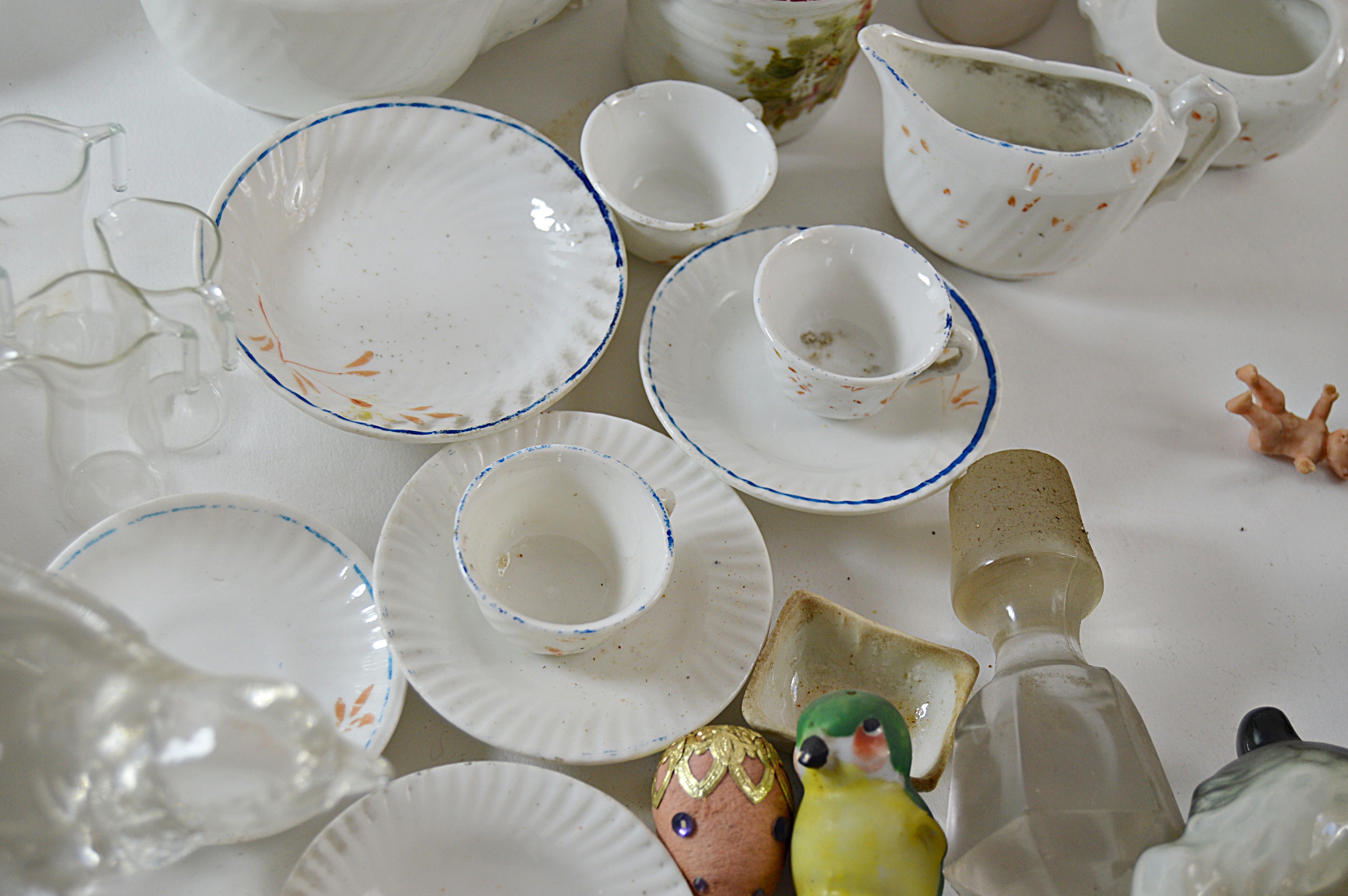 Antique and Vintage Miniatures with Child's Tea Set, Goebel Dog, Waterford Vase