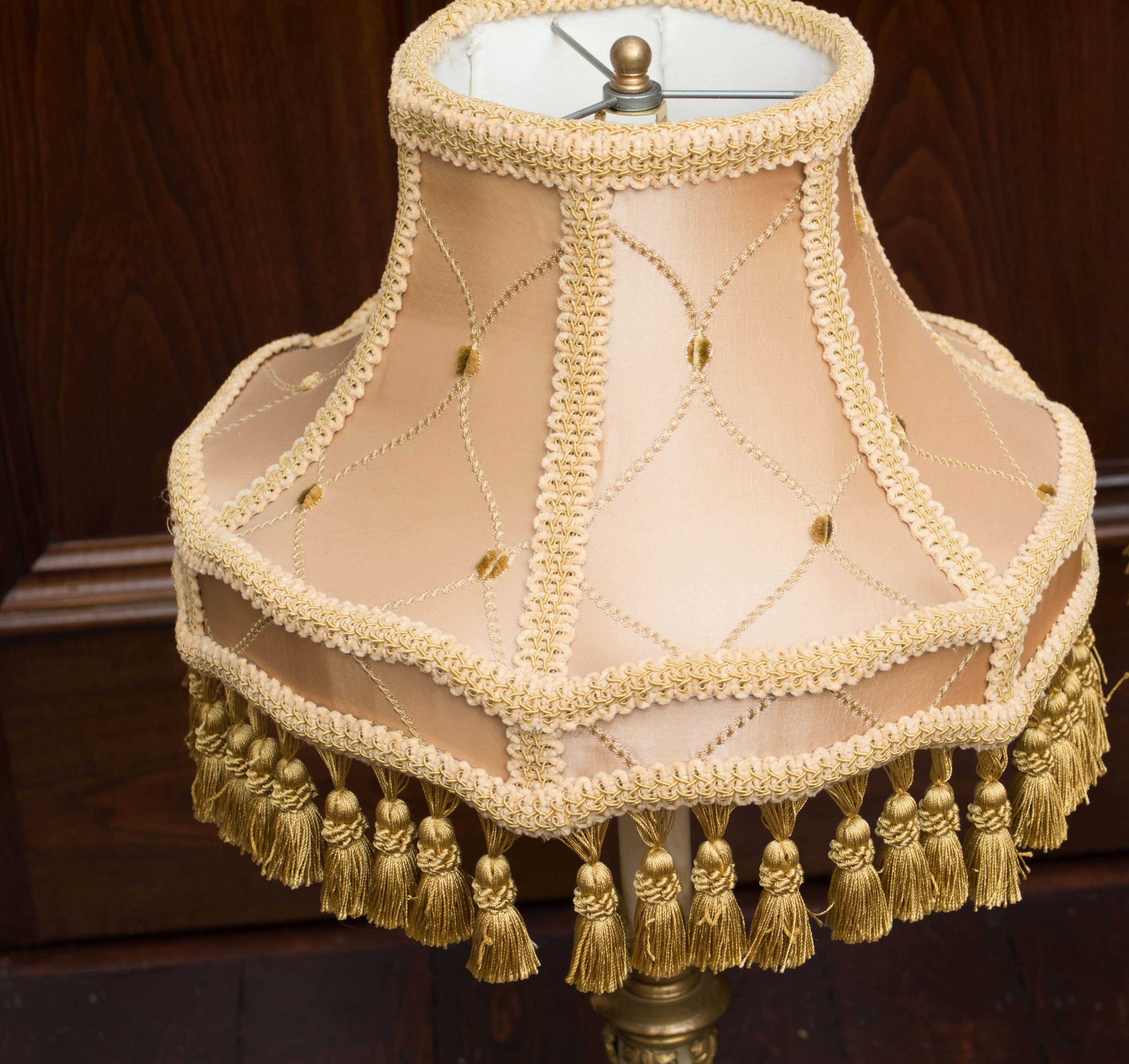 Antique Victorian Table Lamps with Pink Satin Shade and Brass Lion Feet