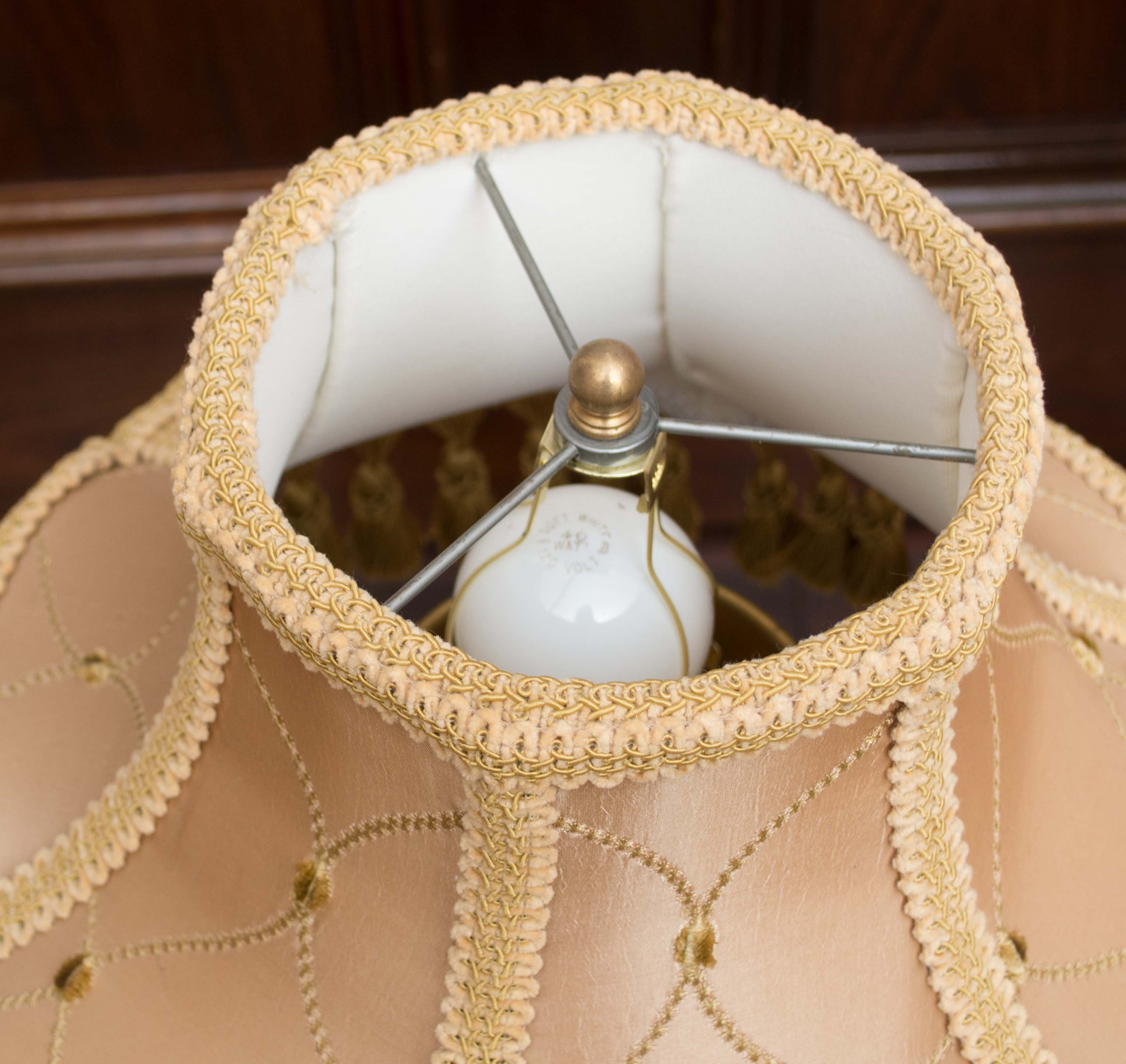 Antique Victorian Table Lamps with Pink Satin Shade and Brass Lion Feet