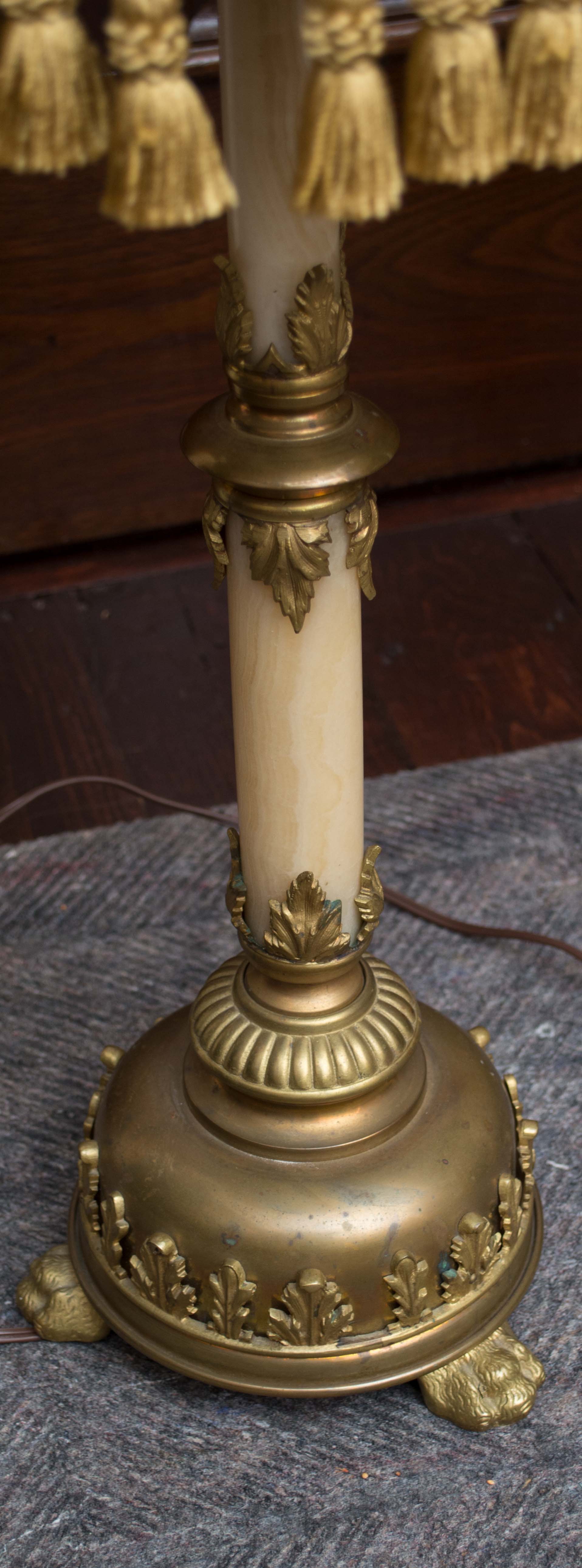 Antique Victorian Table Lamps with Pink Satin Shade and Brass Lion Feet