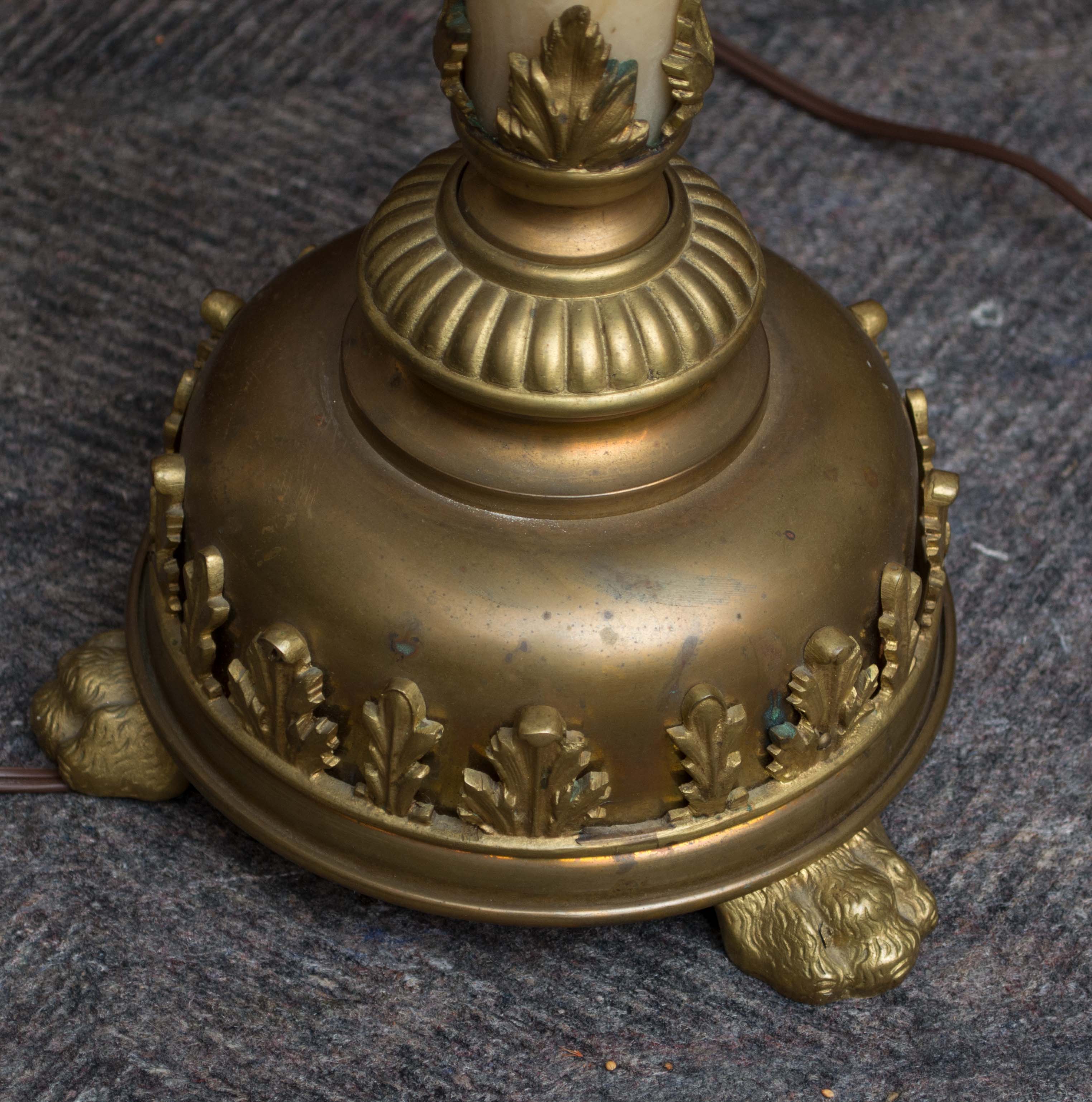 Antique Victorian Table Lamps with Pink Satin Shade and Brass Lion Feet