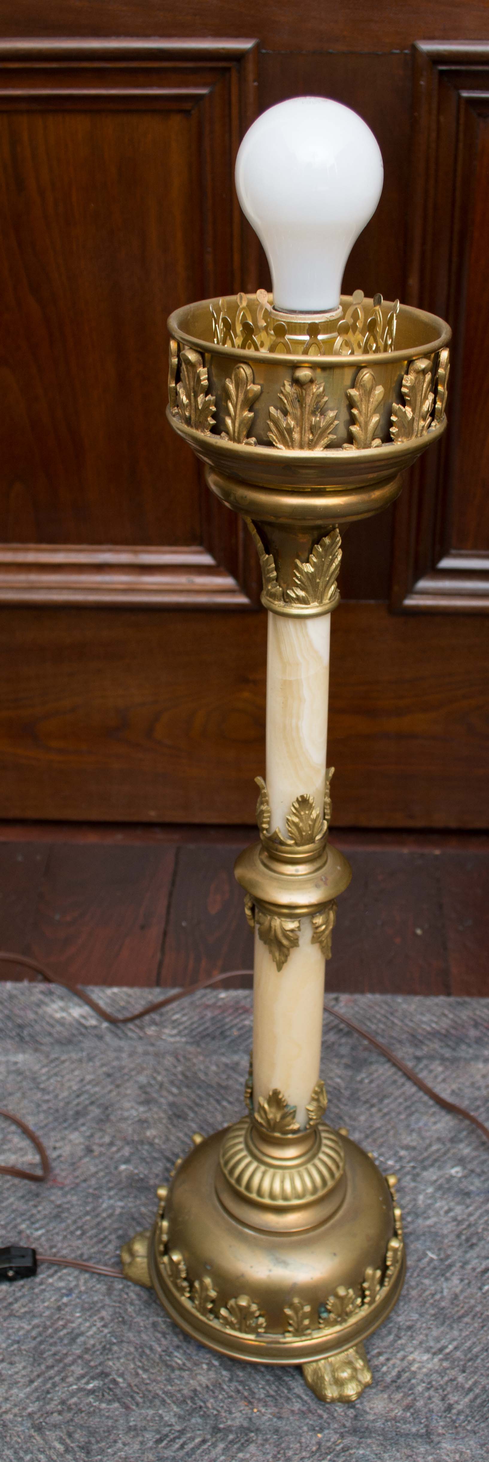 Antique Victorian Table Lamps with Pink Satin Shade and Brass Lion Feet