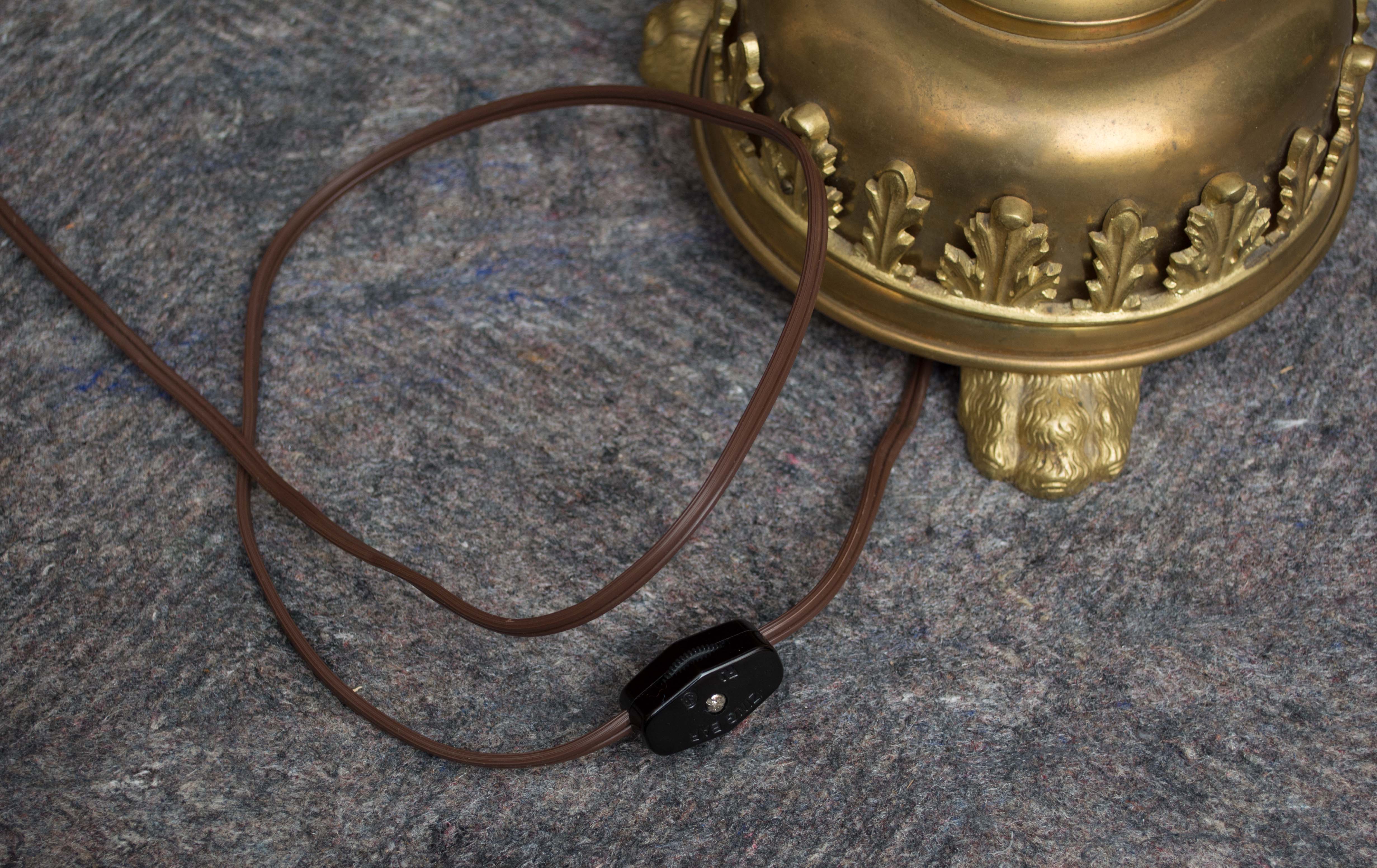 Antique Victorian Table Lamps with Pink Satin Shade and Brass Lion Feet