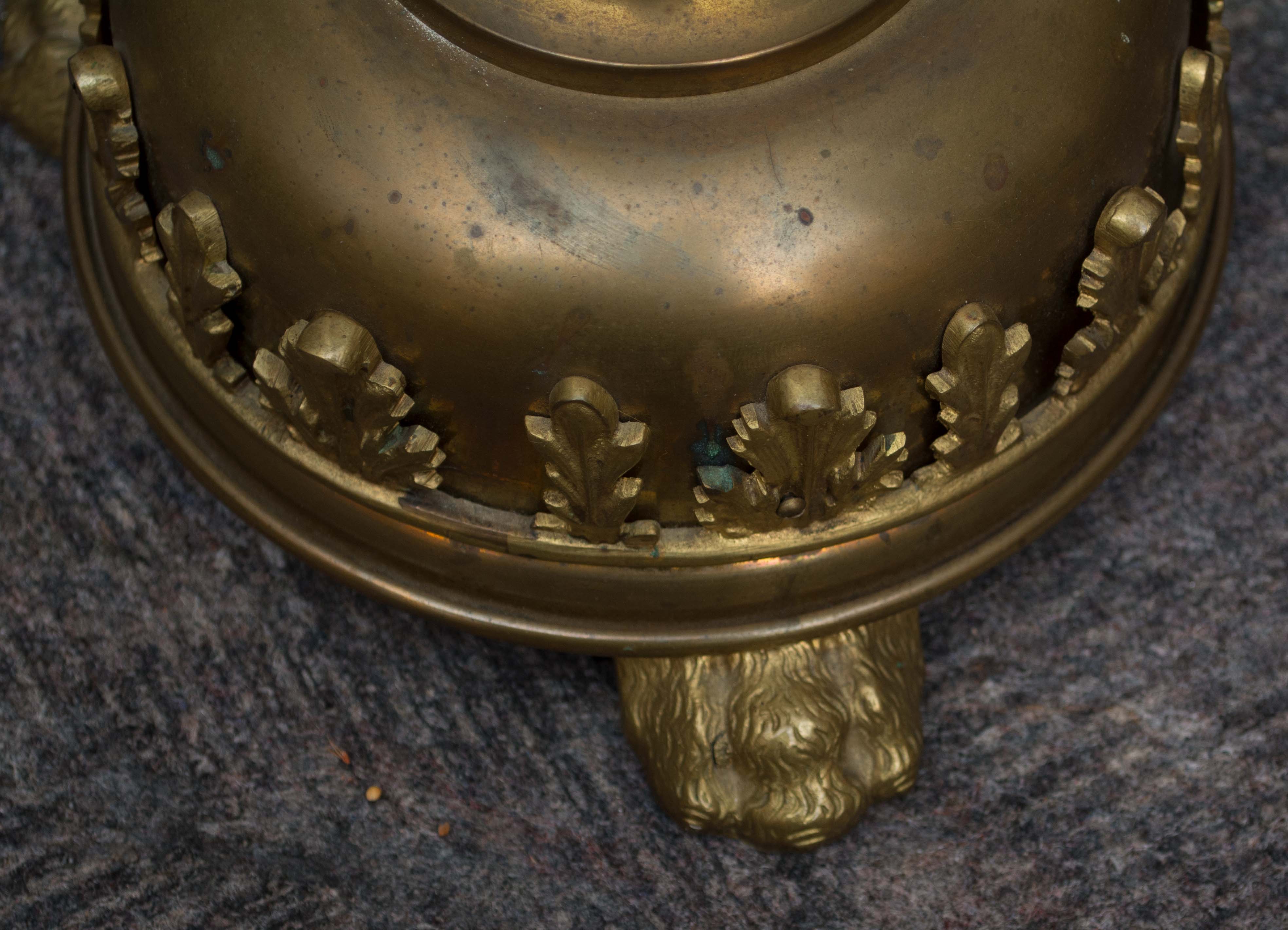 Antique Victorian Table Lamps with Pink Satin Shade and Brass Lion Feet