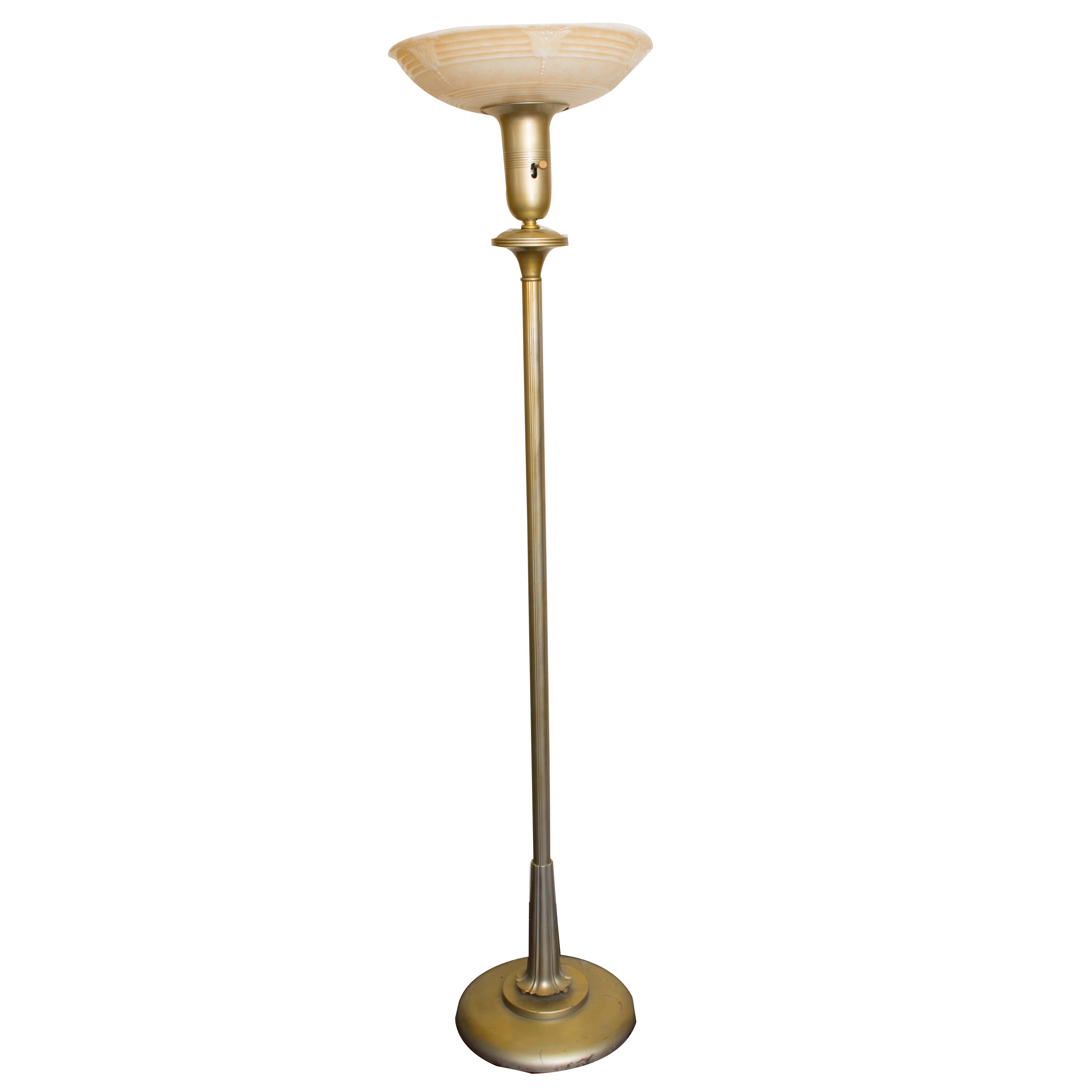 Ivory Glass Shade with Floral Motif Metal Floor Lamp