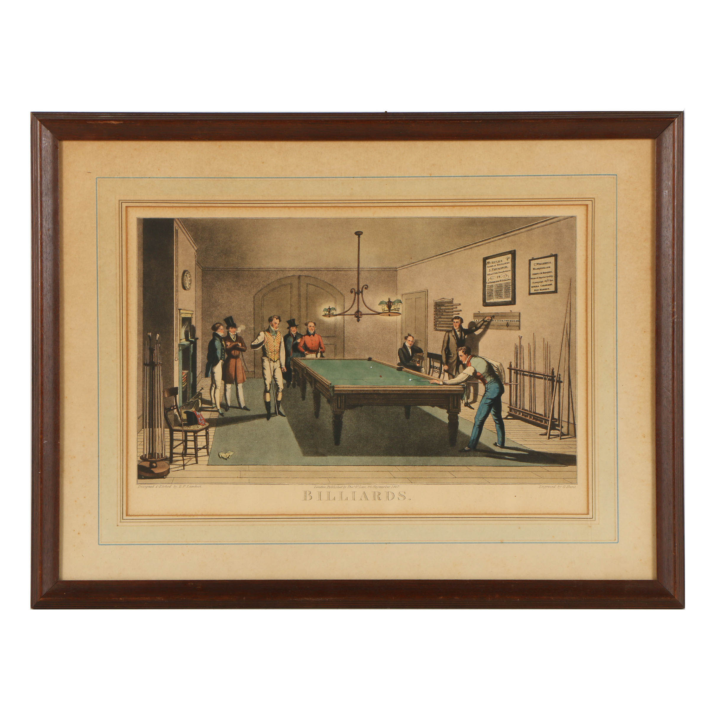 G. Hunt Hand-Colored Engraving on Paper "Billiards"