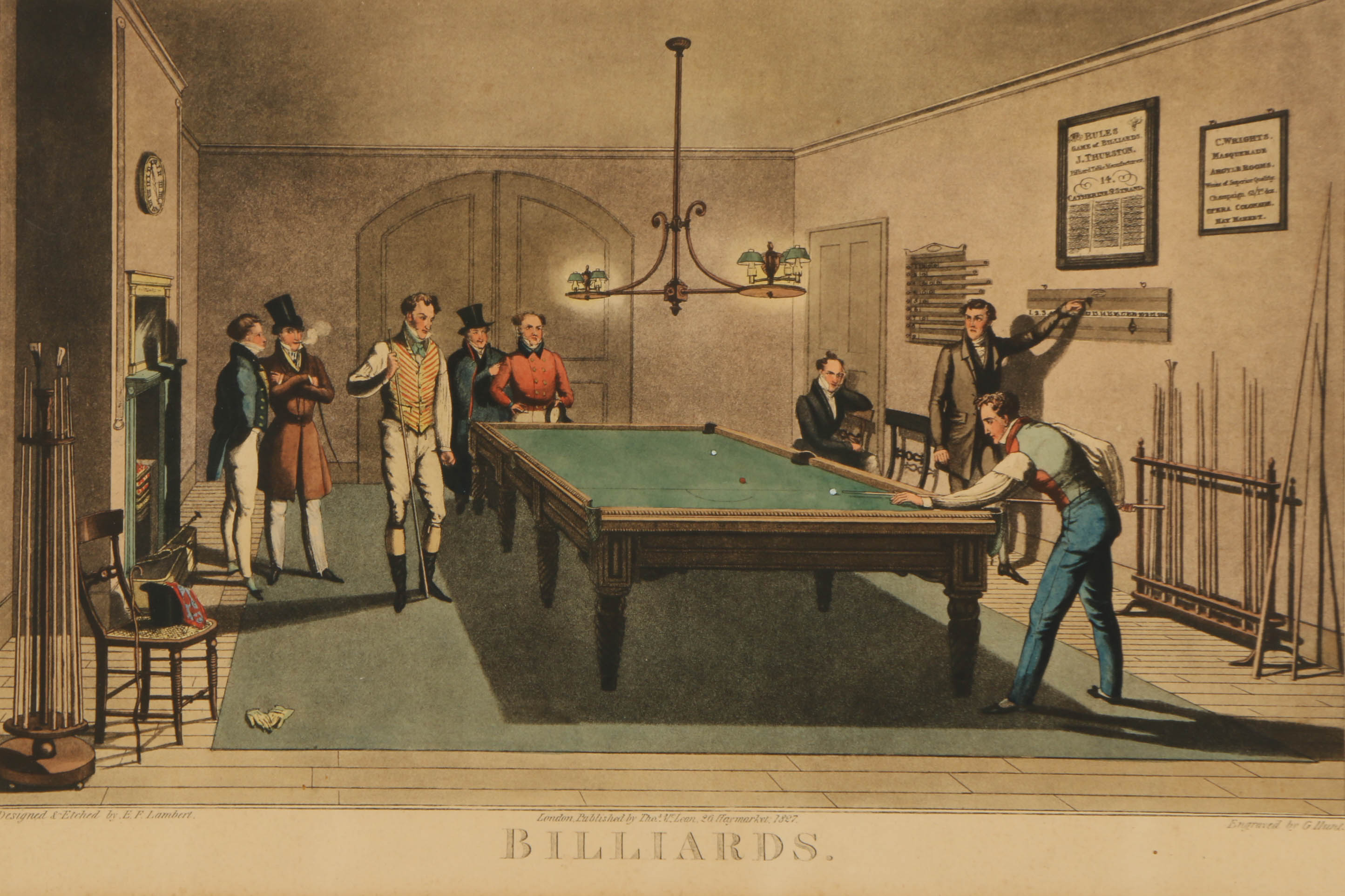 G. Hunt Hand-Colored Engraving on Paper "Billiards"