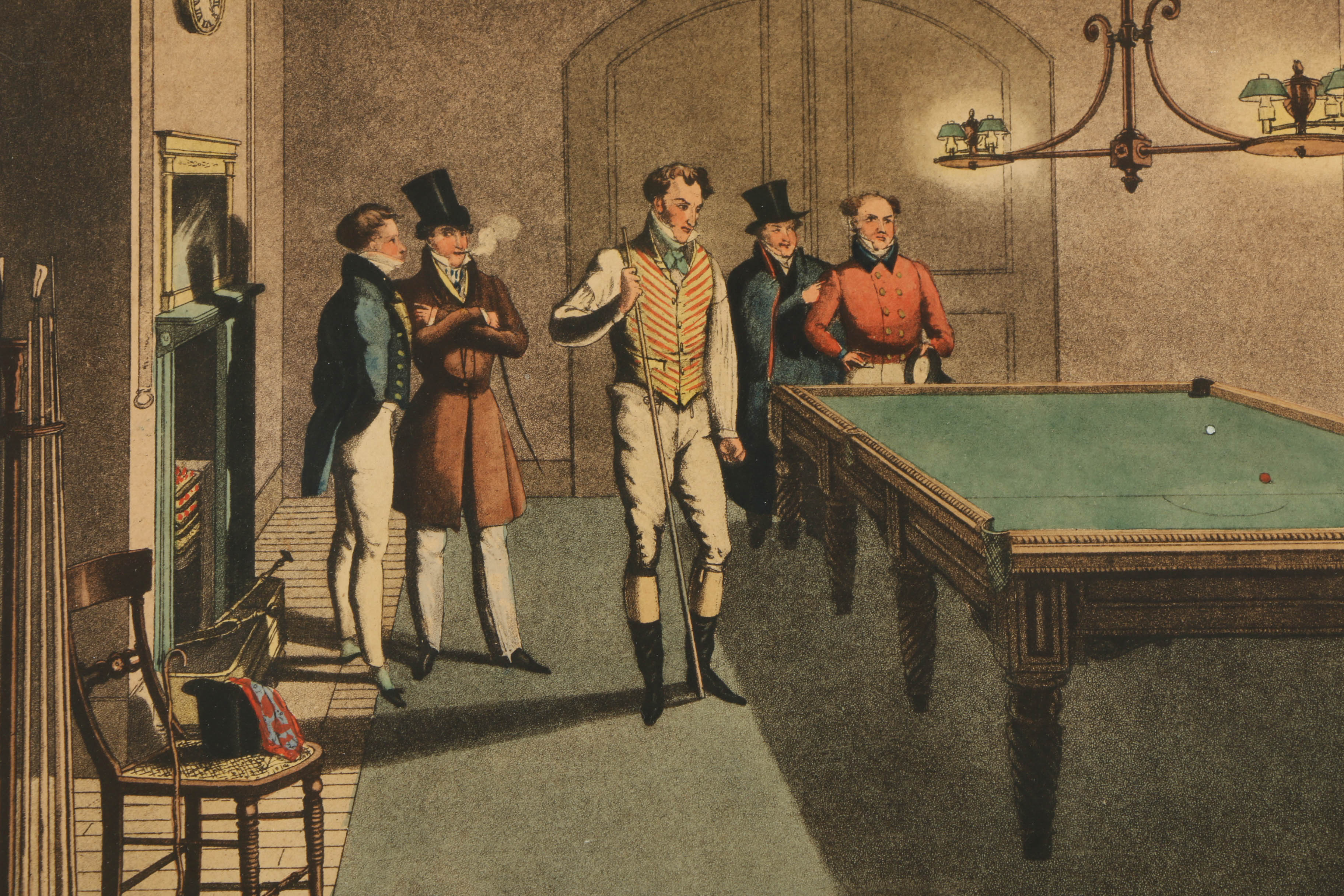 G. Hunt Hand-Colored Engraving on Paper "Billiards"