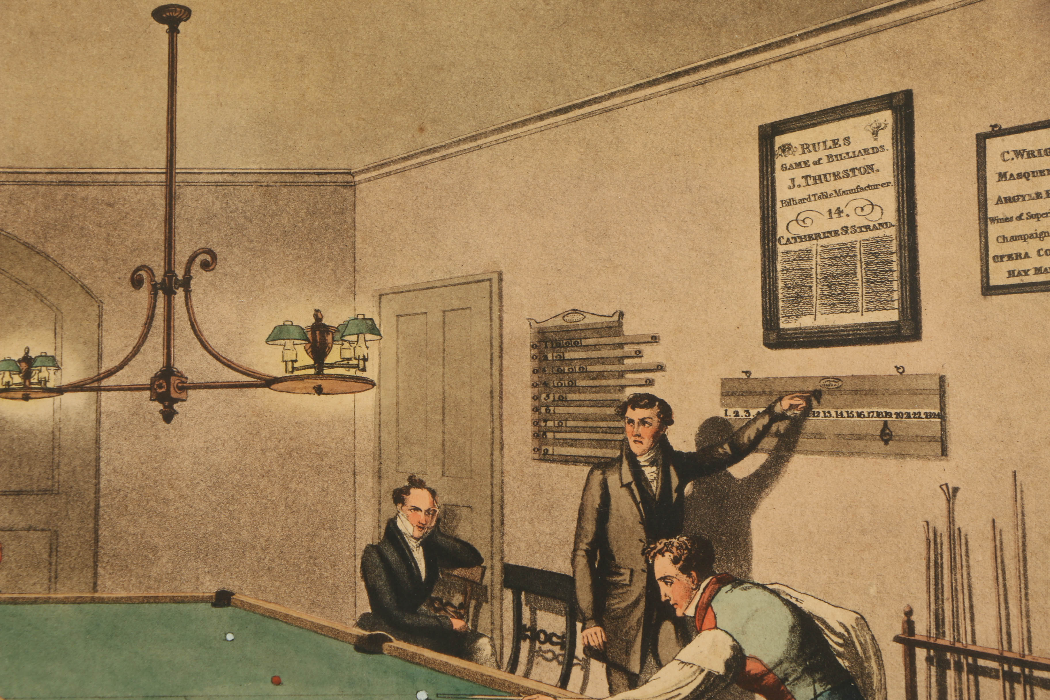 G. Hunt Hand-Colored Engraving on Paper "Billiards"