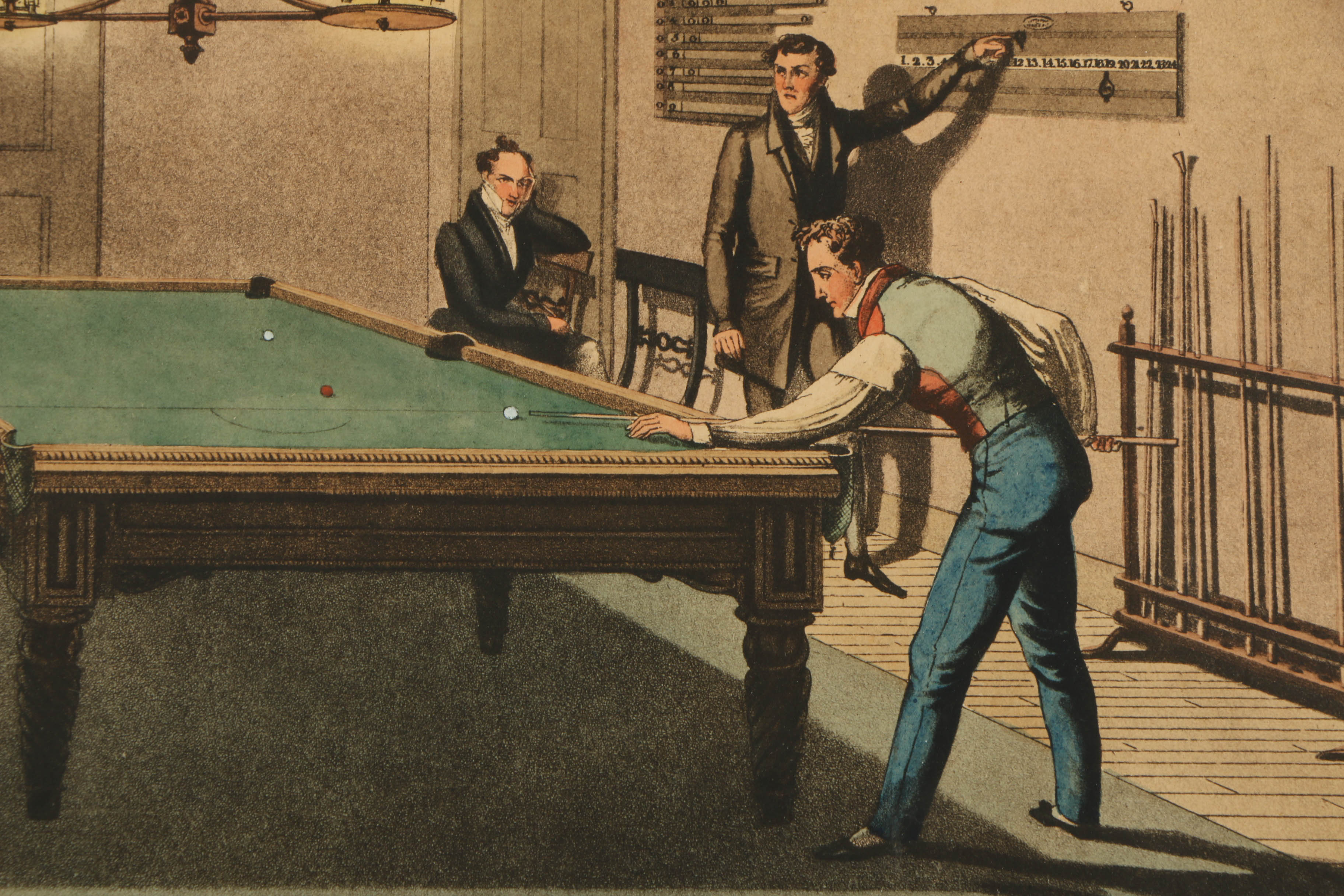 G. Hunt Hand-Colored Engraving on Paper "Billiards"