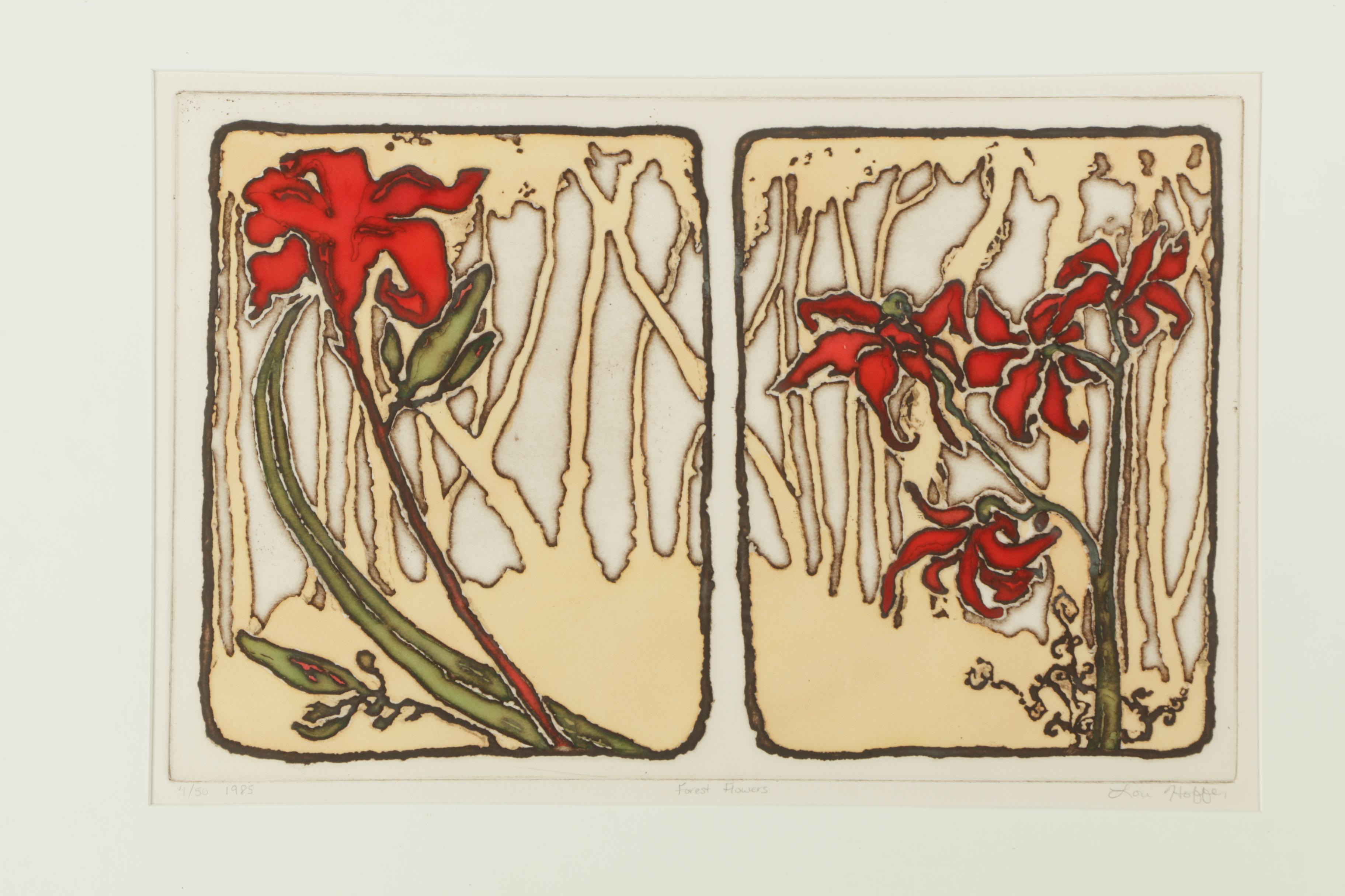 Lou Hoffer 1985 Limited Edition Intaglio Print on Paper "Forest Flowers"