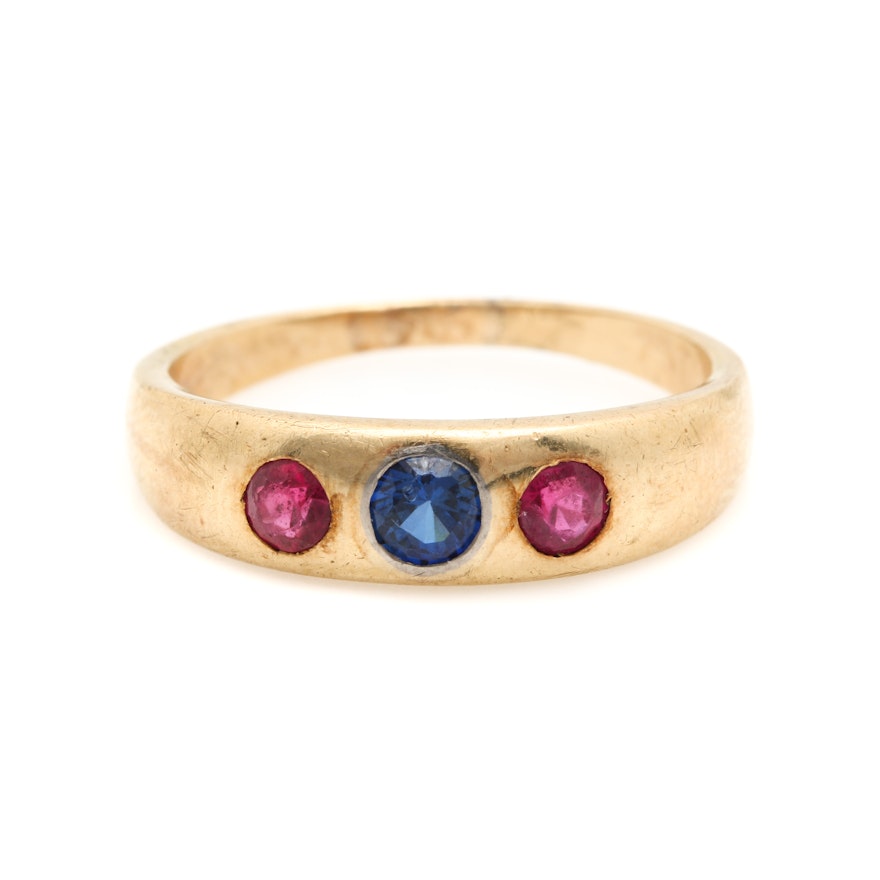 14K Yellow Gold Sapphire and Ruby Ring