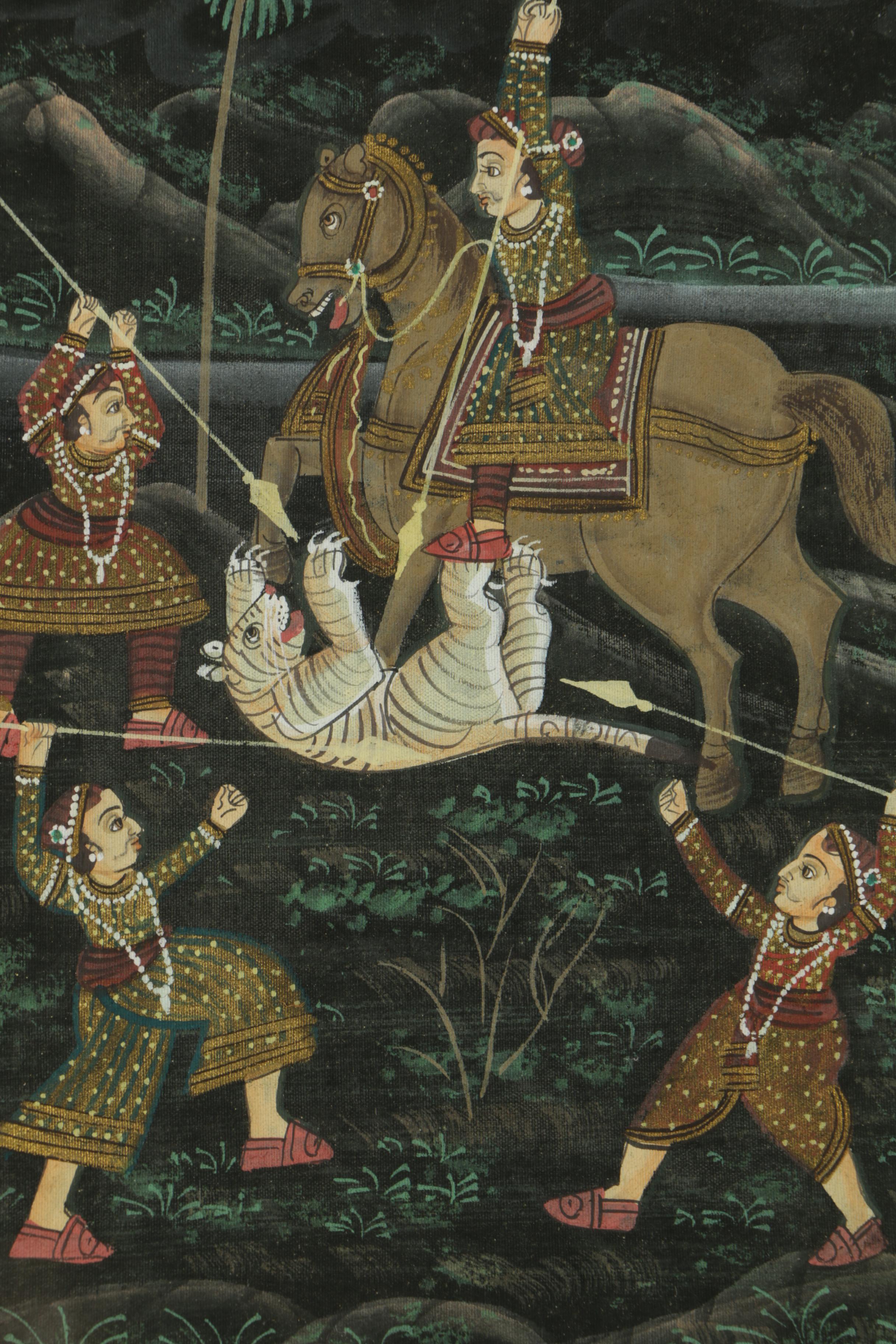 Watercolor and Gouache Painting on Linen of Indo-Persian Hunting Scene