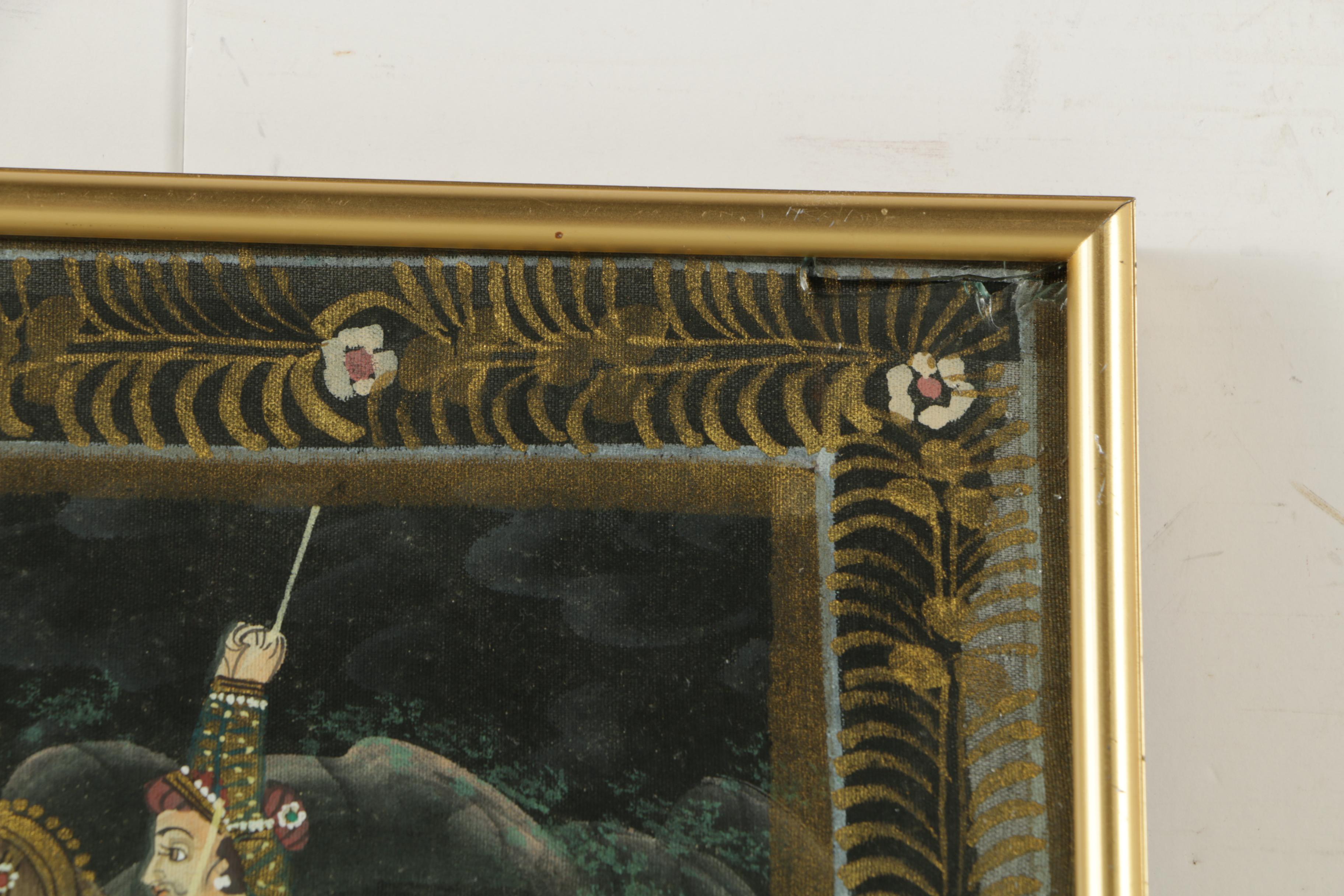 Watercolor and Gouache Painting on Linen of Indo-Persian Hunting Scene