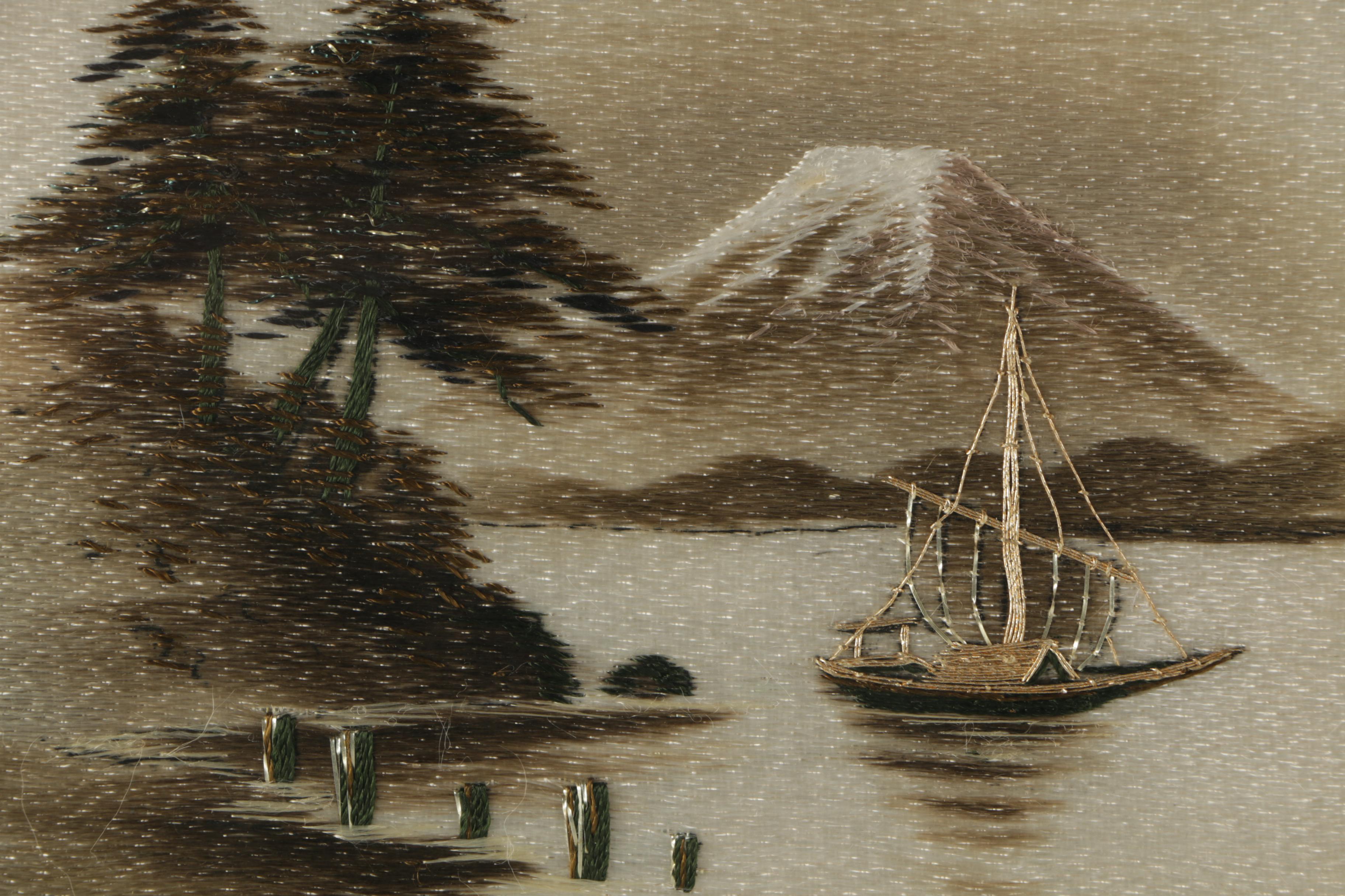 Embroidery on Silk of Japanese Landscape Scene
