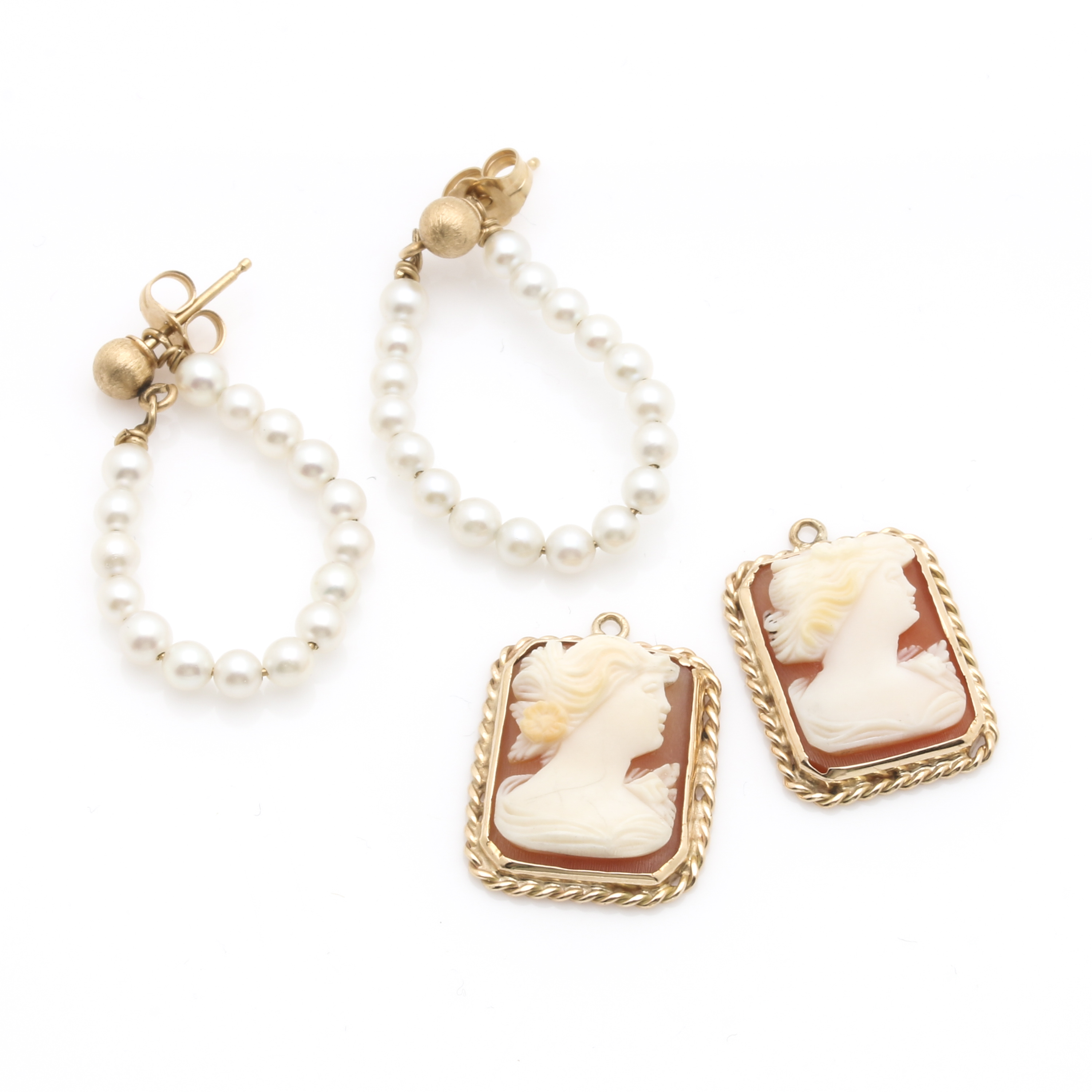 14K Yellow Gold Cameo and Cultured Pearl Earrings