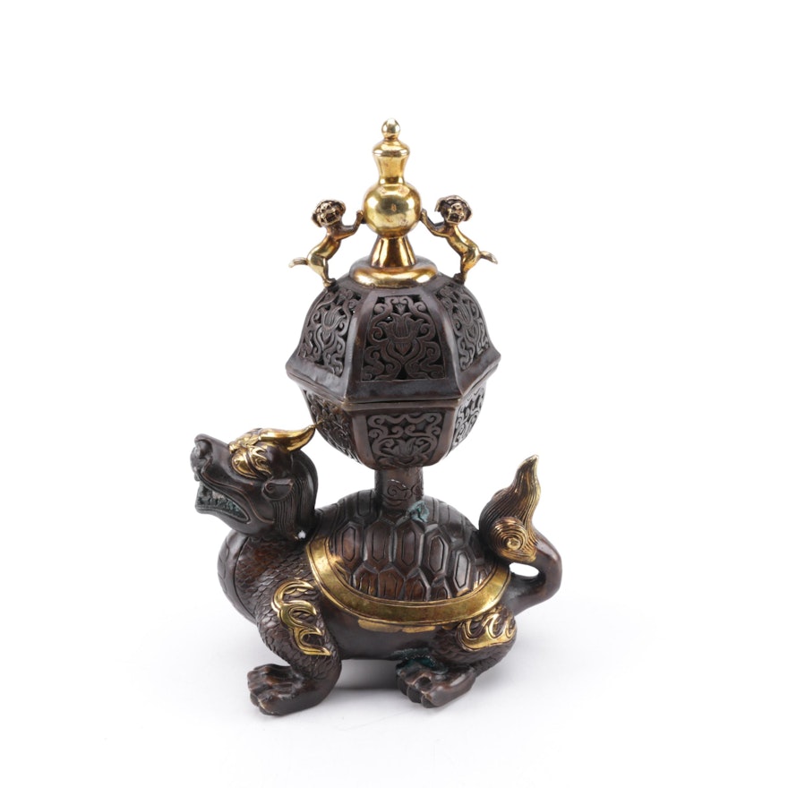 Chinese Bronze Dragon Turtle Incense Burner