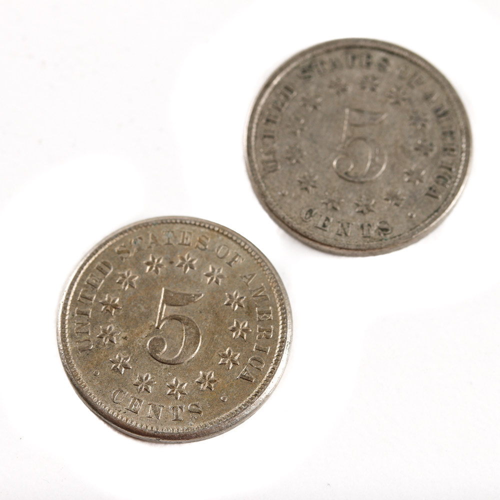 Five Antique U.S. Shield Nickels