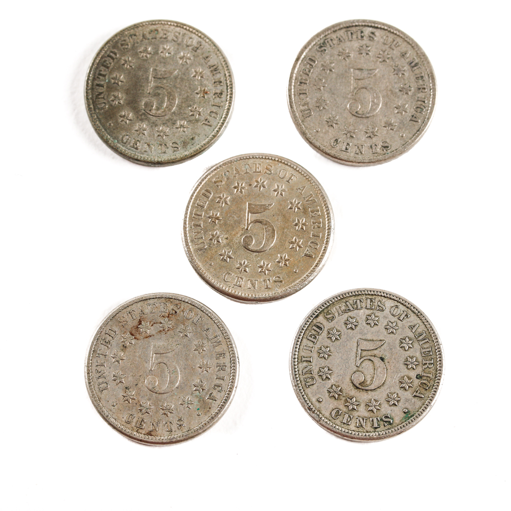 Five Antique U.S. Shield Nickels