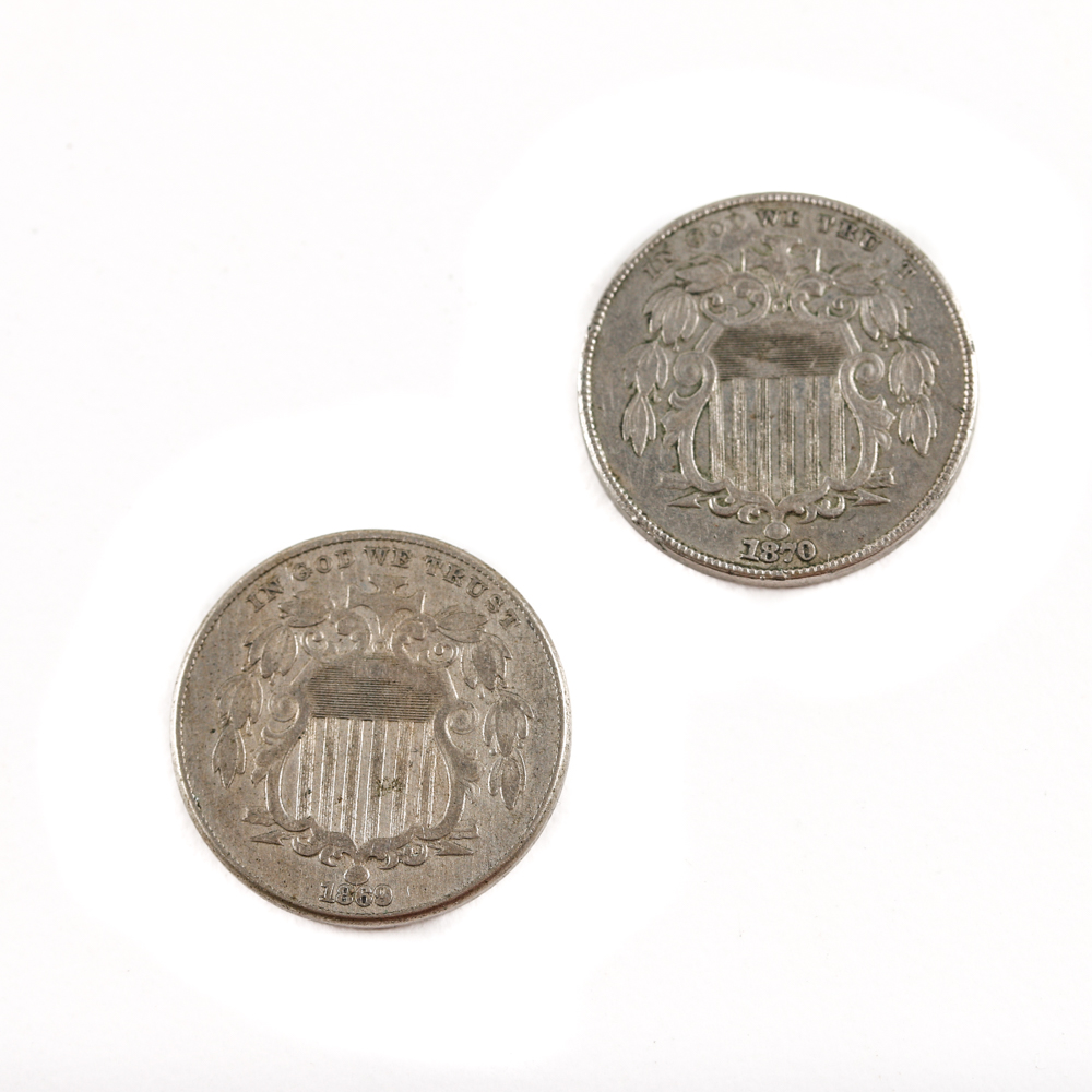 Five Antique U.S. Shield Nickels