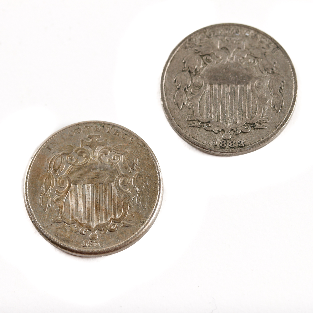 Five Antique U.S. Shield Nickels