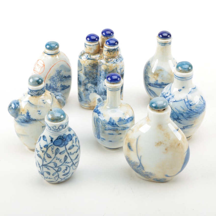 Chinese Blue Ceramic Lidded Snuff Bottles