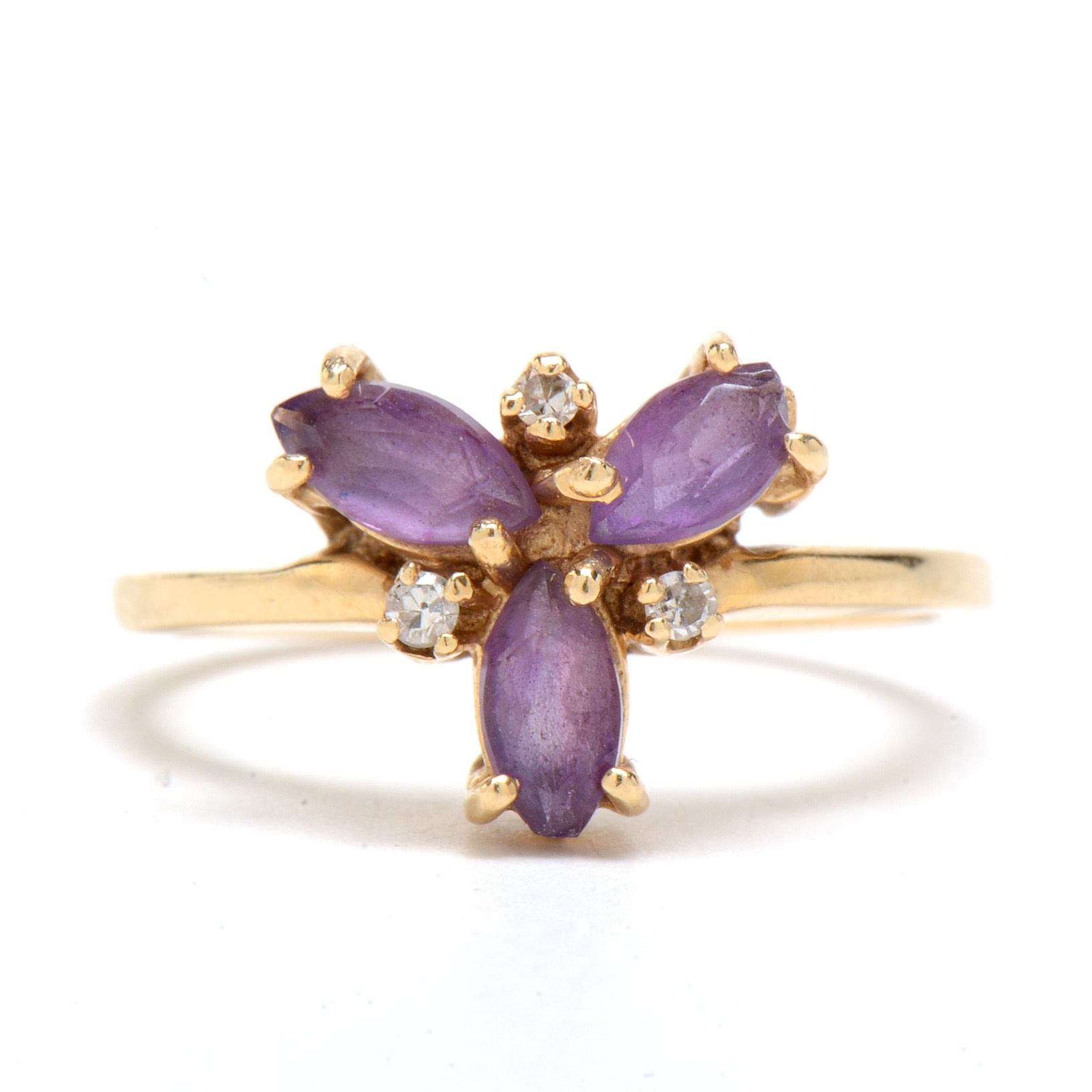 14K Plumb Yellow Gold, Amethyst and Diamond Ring
