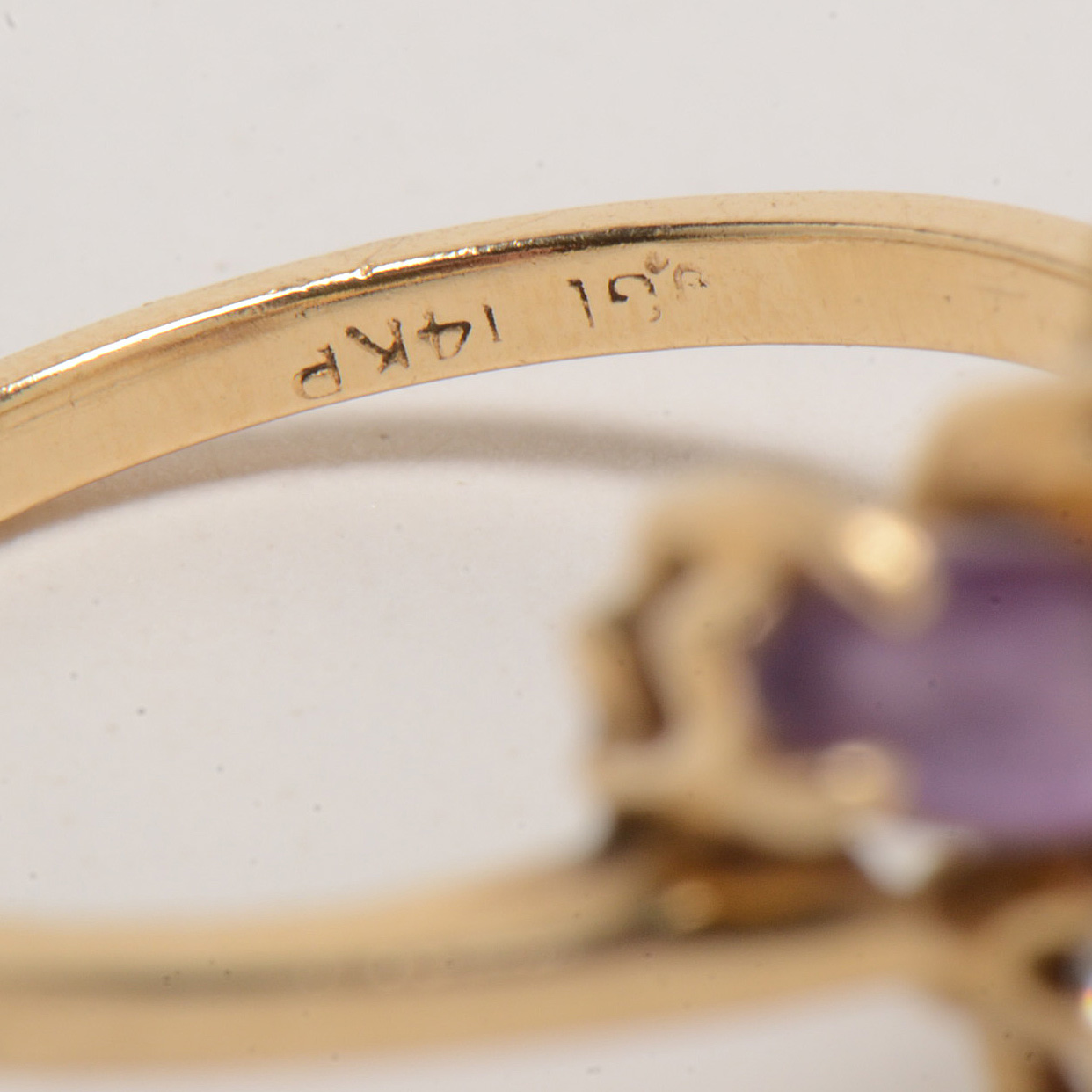 14K Plumb Yellow Gold, Amethyst and Diamond Ring