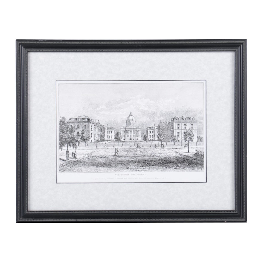 Reproduction Print on Paper After Kilburn Engraving "The Boston City Hospital"