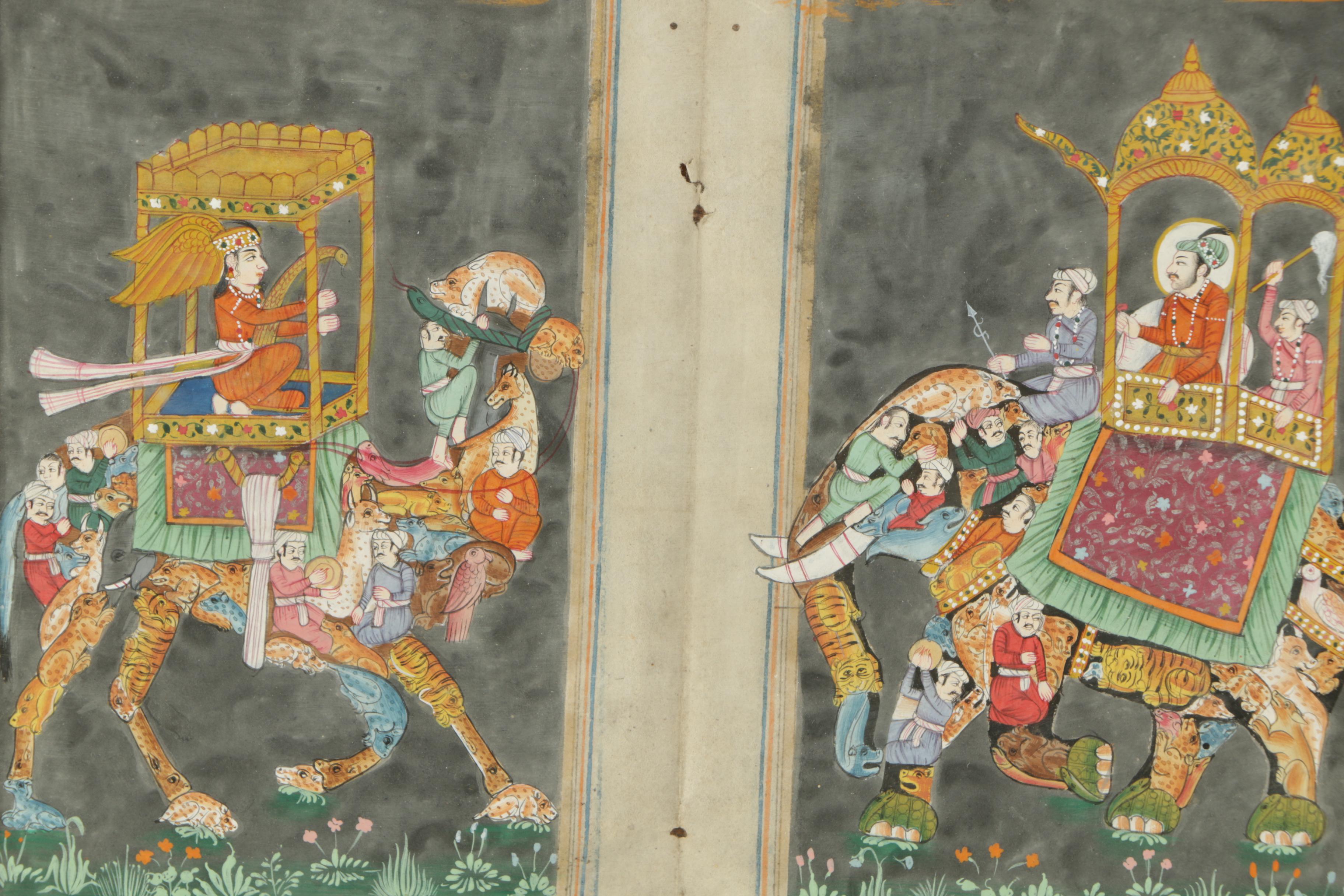 Two Watercolor and Gouache Paintings of Indo-Persian Processional Scenes