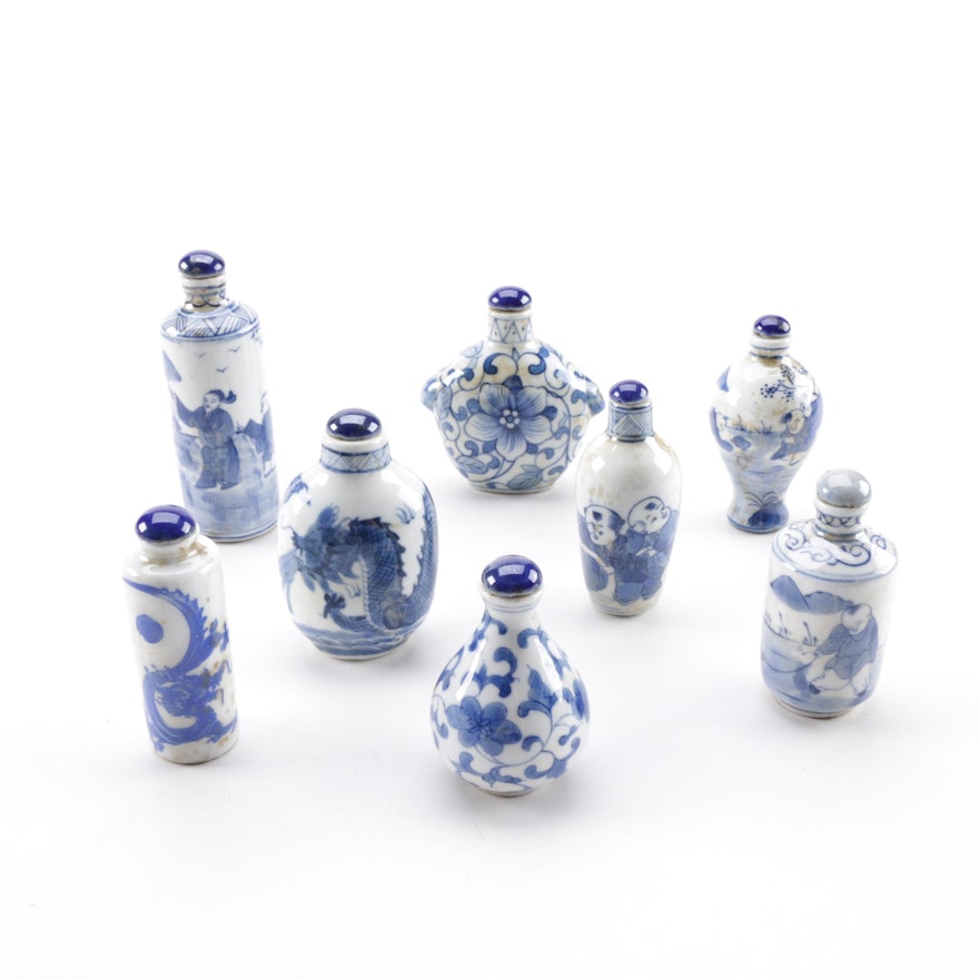 Vintage Cobalt and White Chinese Porcelain Snuff Bottles