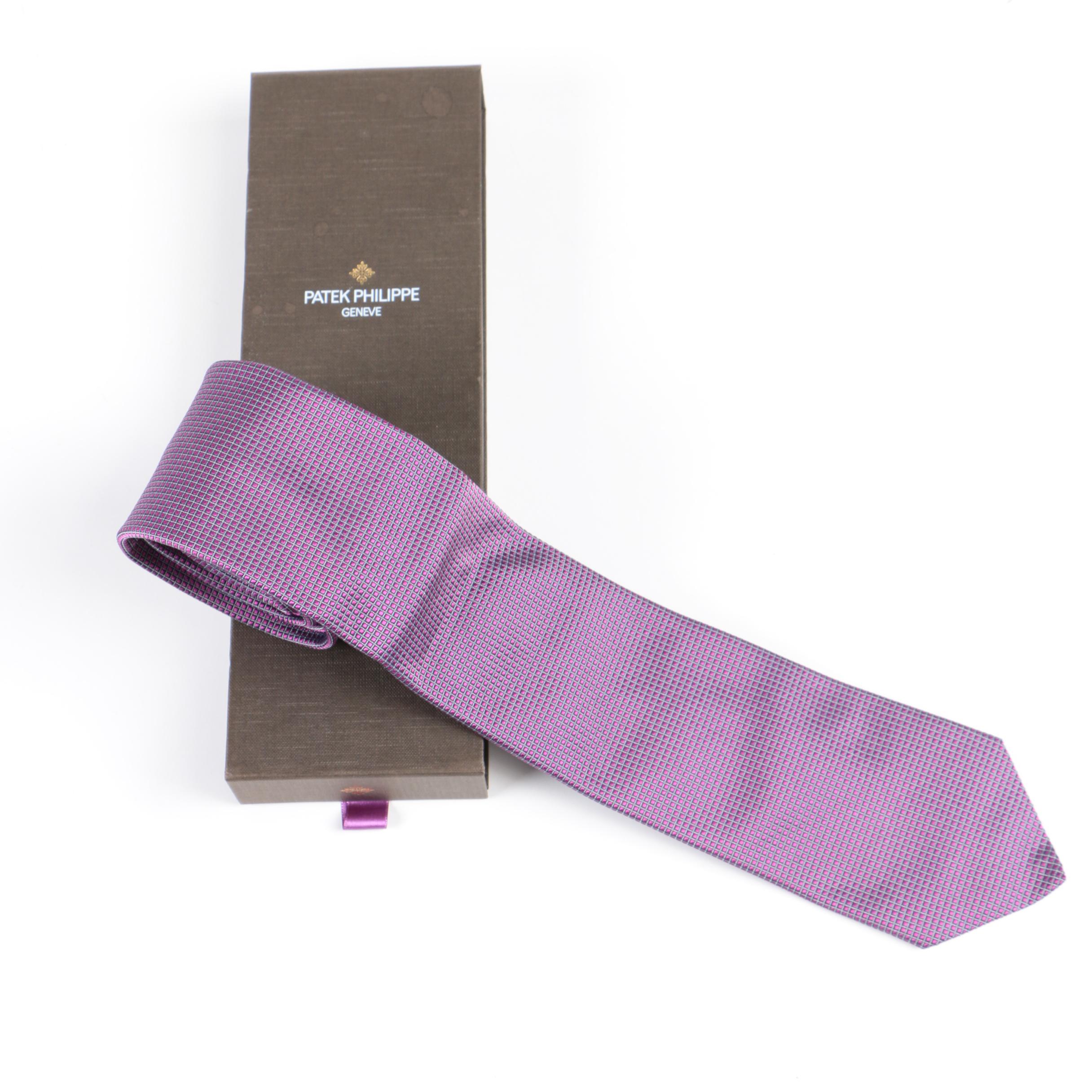 Patek Philippe Geneve Purple and Silver Tone Silk Tie