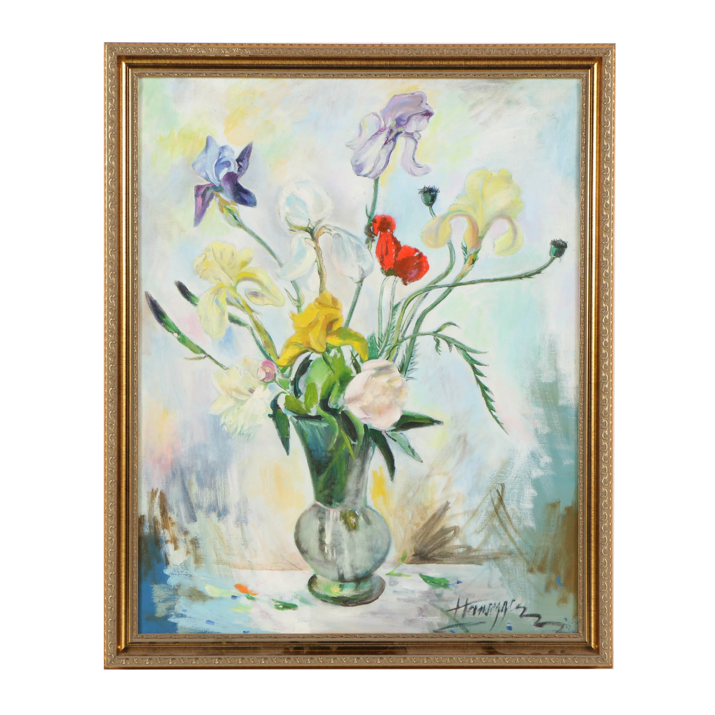 John Hansegger Oil Painting on Canvas of a Floral Bouquet