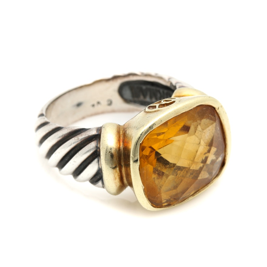 David Yurman Sterling Silver 7.90 CT Citrine Ring with 14K Yellow Gold Accents