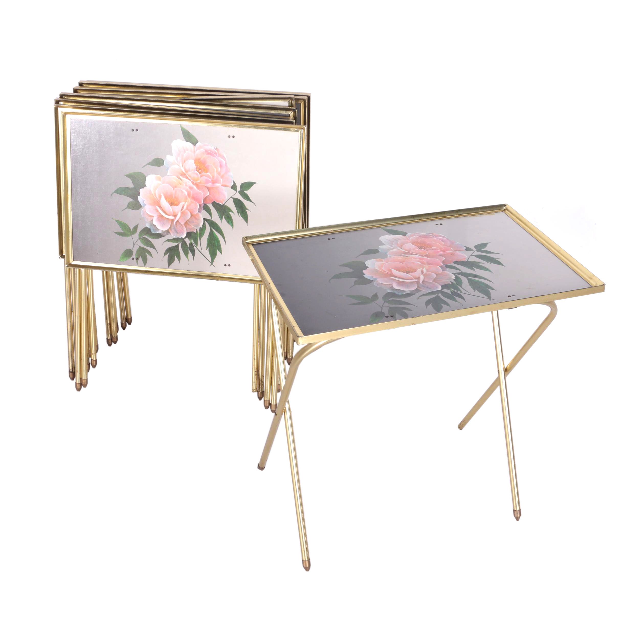 Rose Motif Metal Framed Tray Tables