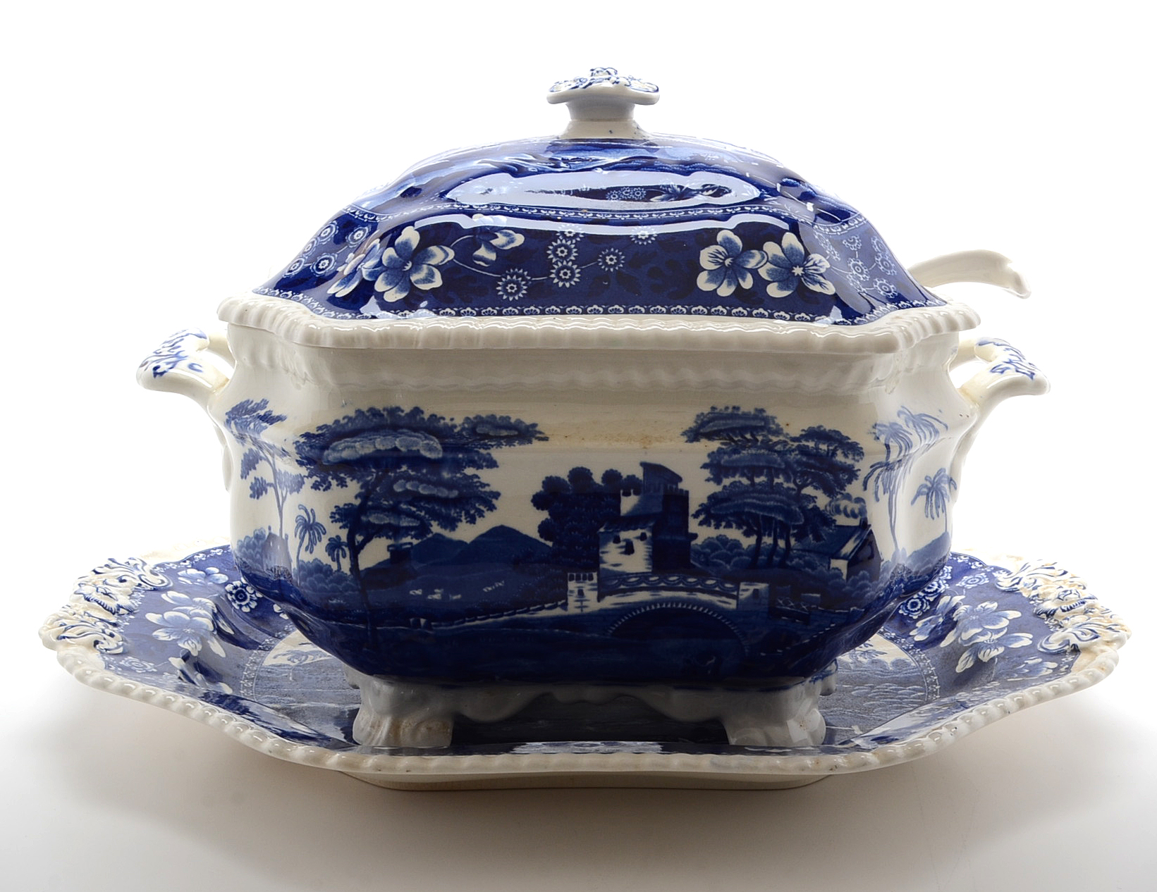 "Spode Tower"  Copeland Spode Transferware Soup Tureen, Tray  and White Ladle