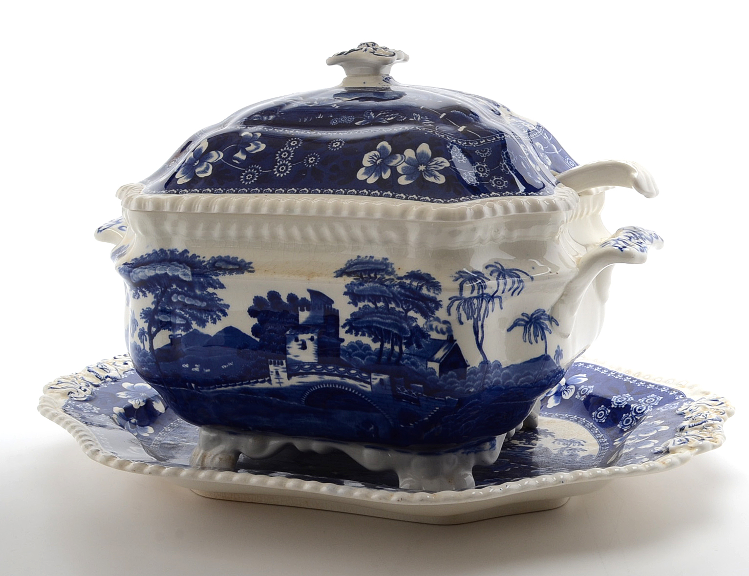 "Spode Tower"  Copeland Spode Transferware Soup Tureen, Tray  and White Ladle