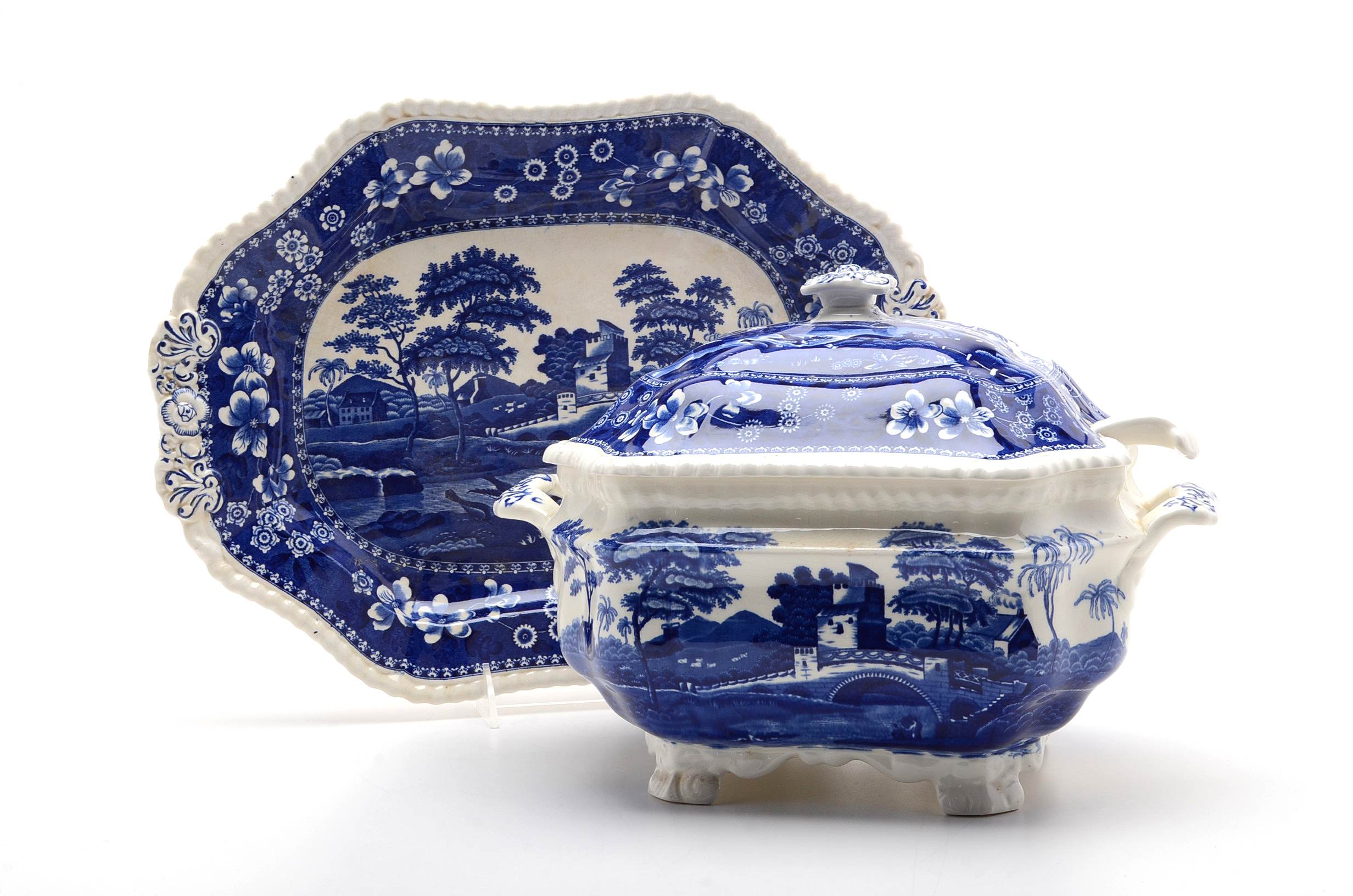 "Spode Tower"  Copeland Spode Transferware Soup Tureen, Tray  and White Ladle