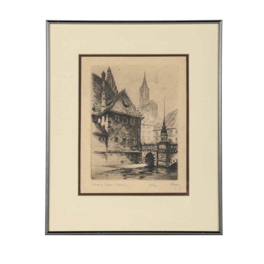 Signed Limited Edition Etching on Paper "Au Pont du Corbeau in Strasbourg"
