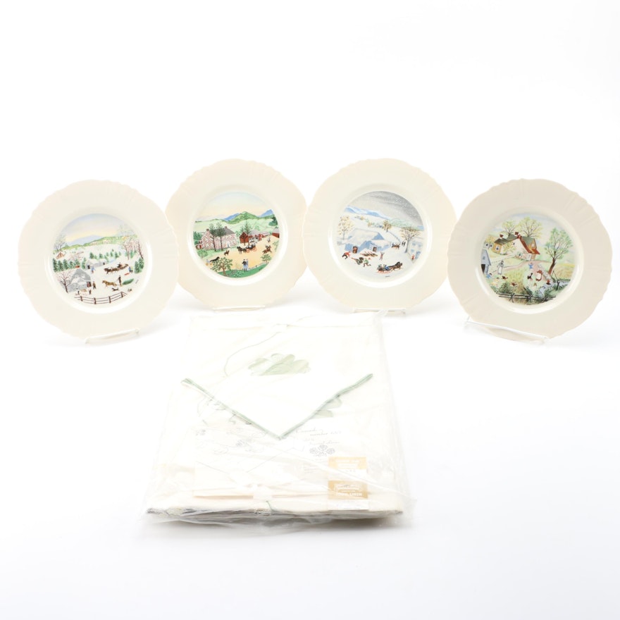 Vintage Limited Edition Collectible Grandma Moses Plates and Tablecloth