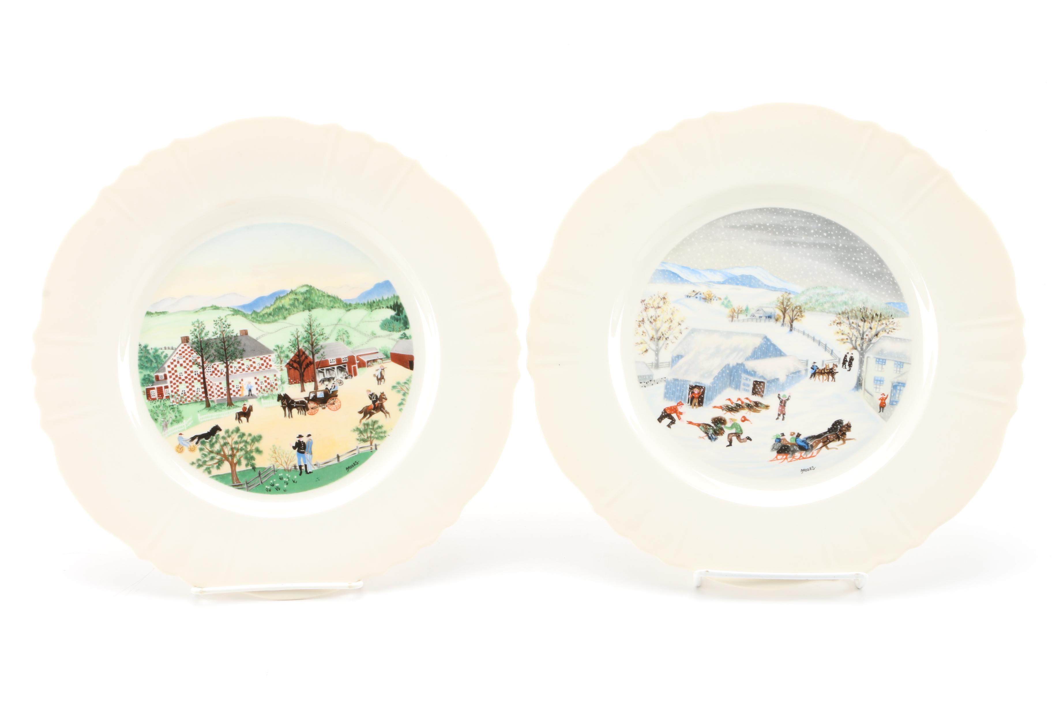 Vintage Limited Edition Collectible Grandma Moses Plates and Tablecloth